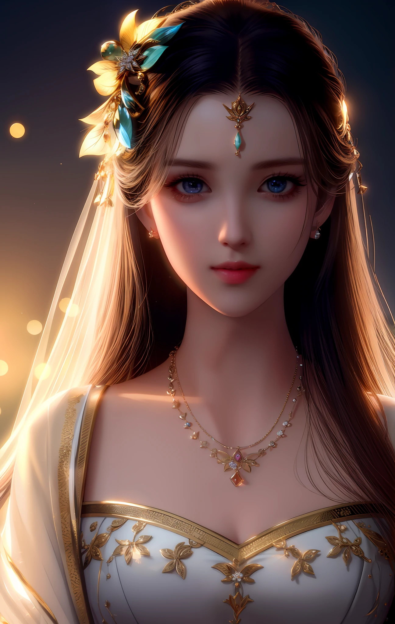 Best Quality, Masterpiece, High Resolution, 1 Girl, Porcelain Dress, Hair Accessories, Necklace, Jewelry, Beautiful Face, Physically, Tyndall Effect, Realism, Edge Lighting, Two-tone Lighting, (High Detail Skin: 1.2), 8K UHD, DSLR, Soft Light, High Quality, Volumetric Light, Sneak Peek, Photo, High Resolution, 4K, 8K, Elf, Princess, Noble