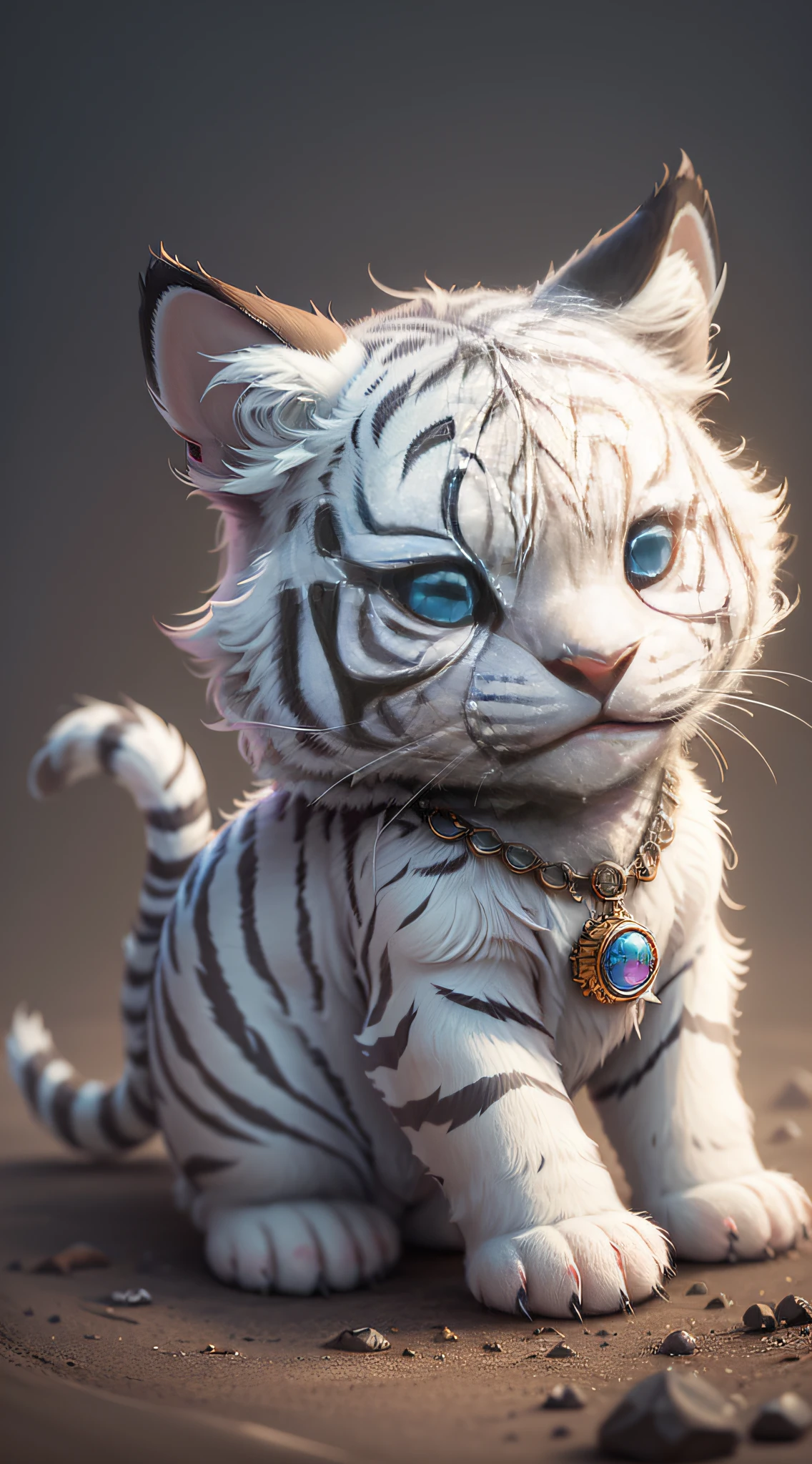 Cute hyper-realistic little white tiger with different eyes of different colors, wearing a necklace, chibi, cute and fluffy, cartoon, cinematic lighting effects, charming, 3D vector art, cute quirky, fantasy art, background bokeh, digital painting, soft lighting, isometric style, 4K resolution, realistic rendering, highly detailed clean, vector images, realistic masterpieces, professional photography, simple space background, flat white background, isometric, vibrant vector