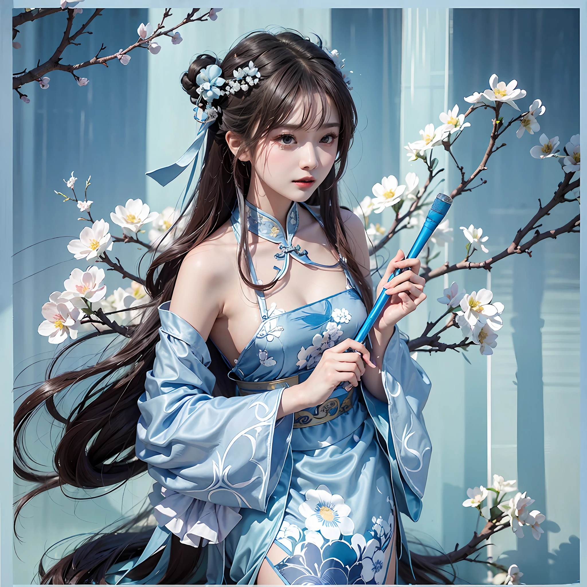 藍色背景前拿著麥克風的人的特寫, 白色漢服, wearing a blue 旗袍, 全身仙女, 旗袍, Kurase Jinyao, 阮家美! ,, Xian Xia, Wang Bingbing, wearing a blue 旗袍 dress, 真人--auto--s2