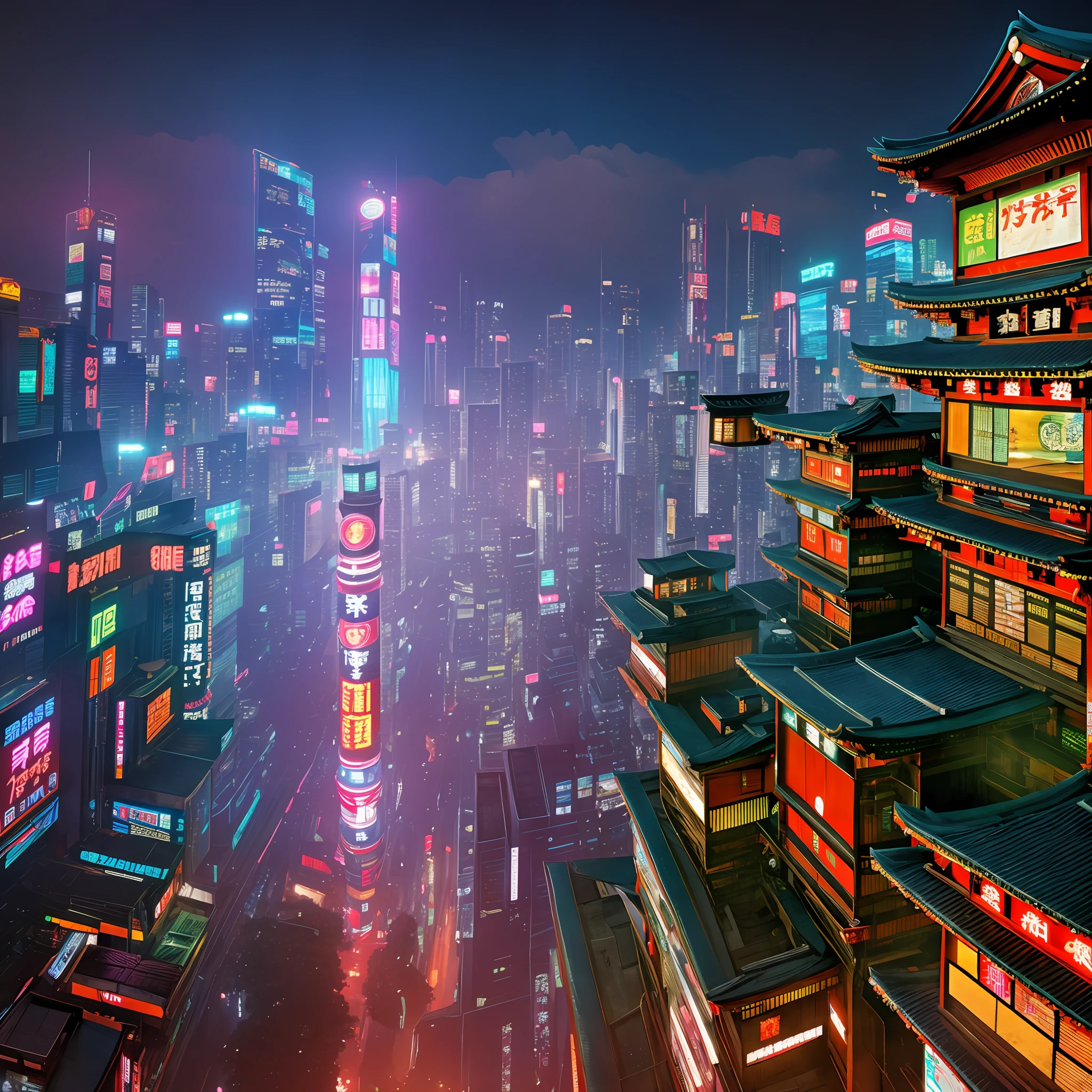 cyberpunk, 8K, old asian cityscape, Japan, mysterious, lots of lights, rugged old castle, modern elements, neon --auto --s2