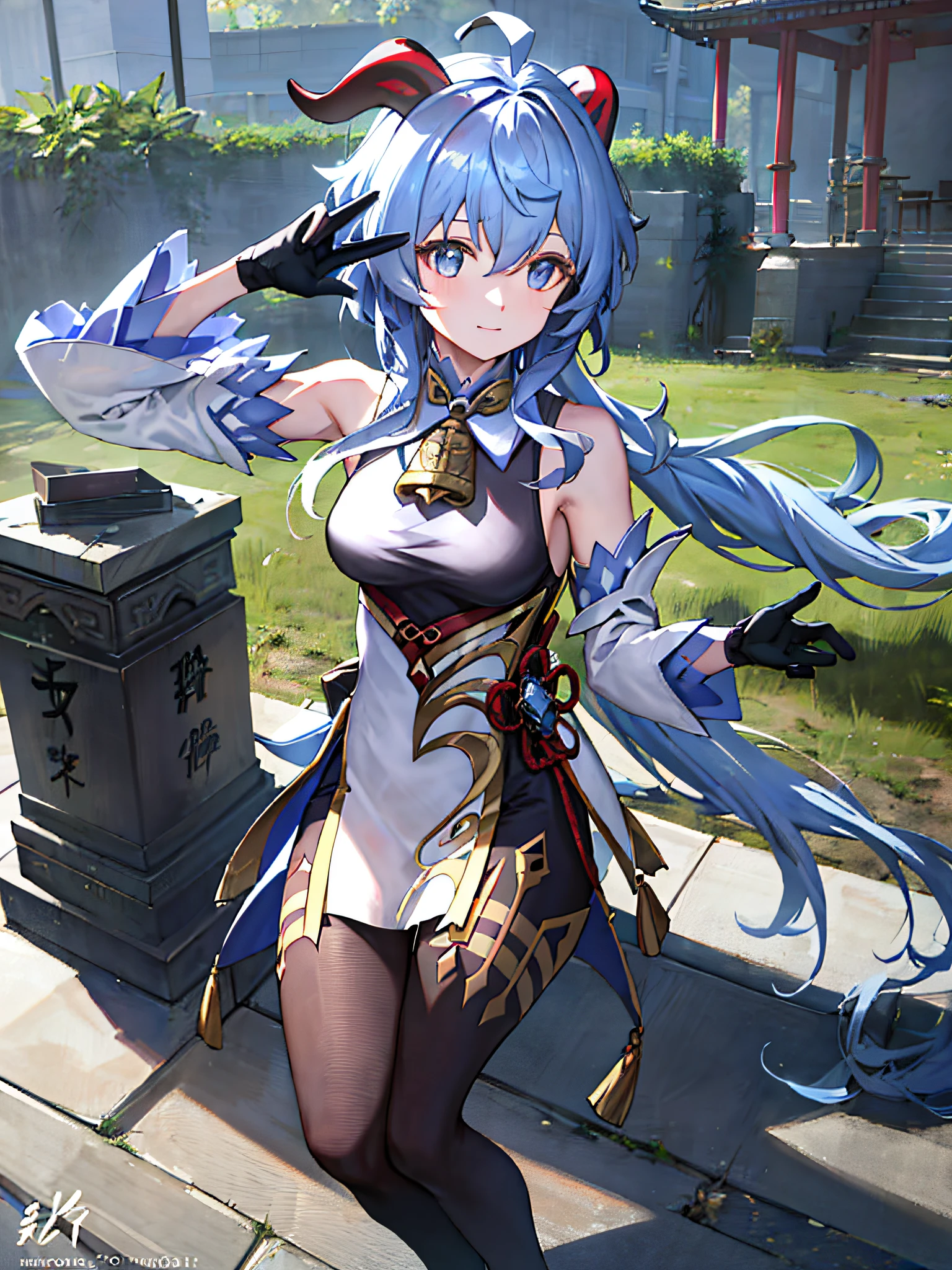 (photorealistic:1.4), (masterpiece, sidelighting, finely detailed beautiful eyes: 1.2), masterpiece*portrait, realistic, 3d face, ganyu \(genshin impact\), 1girl, ahoge, architecture, Bangs, bare shoulders, bells, black gloves, black tights, (blue hair), blush, beautiful breasts, Chinese knots, sleeves, flower knots, gloves, horns, long hair, looking at the audience, mid-chest, neckbell, bow and arrow in hand, outdoors, grassland, fighting monsters, beams, light exposure