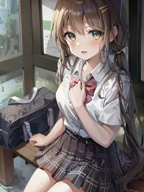 Beautiful anime girl sitting on a bench, carrying a bag and backpack, through surreal vision, showing the unique charm of cute, ...