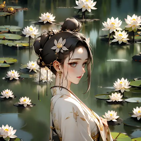 Woman in silk embroidered Hanfu, ponytail, textured details, textured skin, lotus pond background, (fans with budding lotus flow...