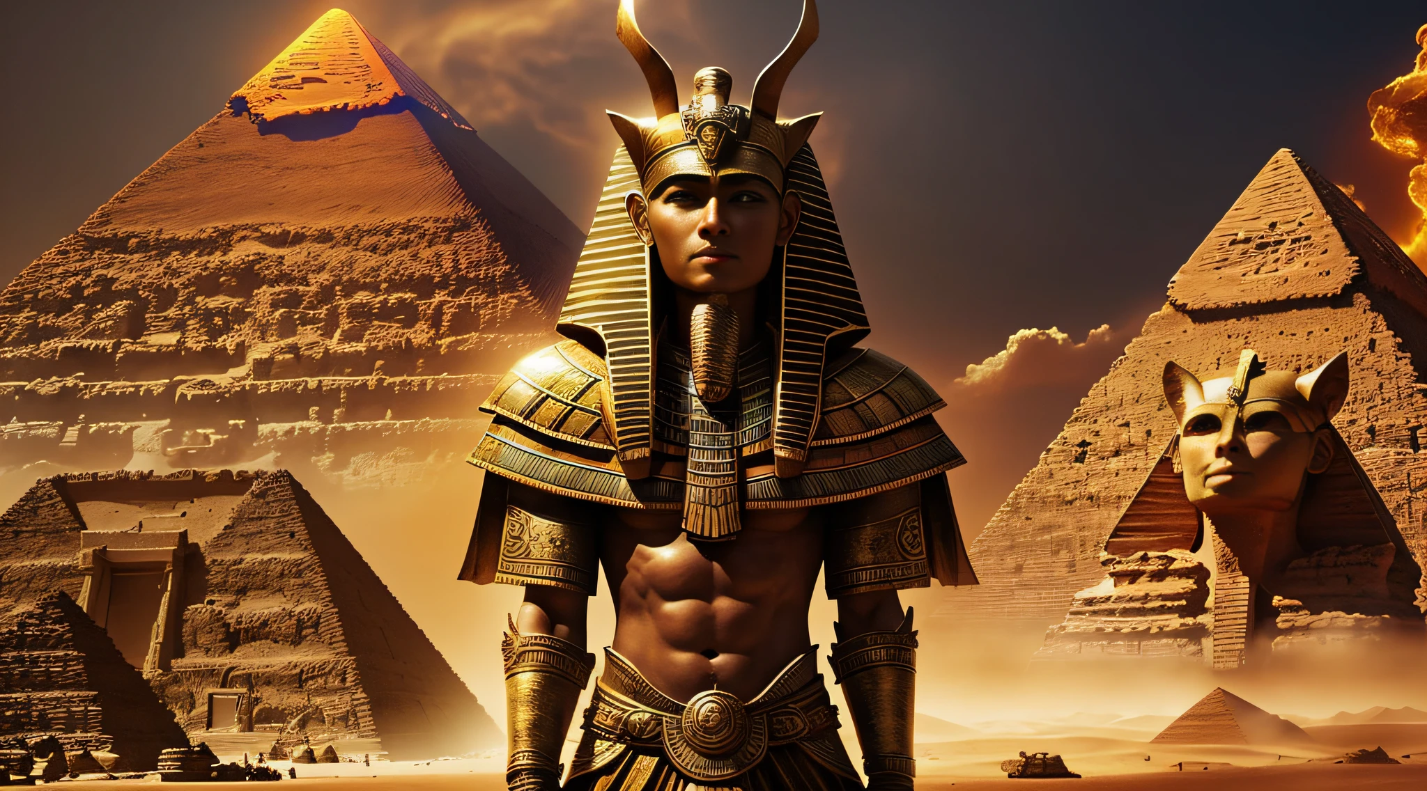 Basado en el personaje original del dios Saino, debería haber elementos egipcios (como pirámides o momias) con magnífico, Llamativos efectos especiales, y tormentas de arena en el fondo --auto --s2