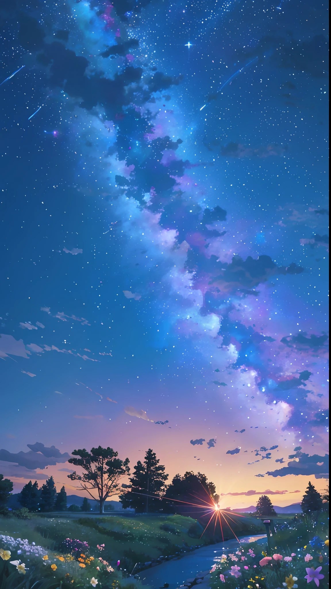 คุณภาพสูง, รายละเอียดสูง, ท้องฟ้าเต็มไปด้วยดวงดาวที่สดใส, ดอกไม้หลากสีสันเปล่งแสง CG Art 8K --auto --s2