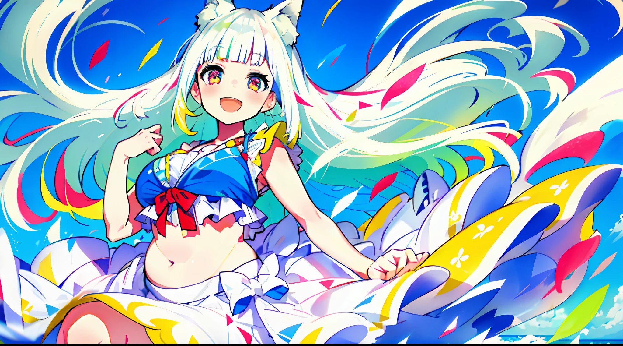 mika pikazo, 1girl, chubby cheek, multicolored hair, green hair, white hair,blue background, blue sky, Beach background, colorful, red particle, white flower petal, white dress, frilly dress , floating hair, light blush, light particles, long hair, open mouth, pink eyes, multicolored eyes, portrait, signature, smile, solo,fox ears, Chubby, plump, chubby belly, plump belly, big belly , exposed navel