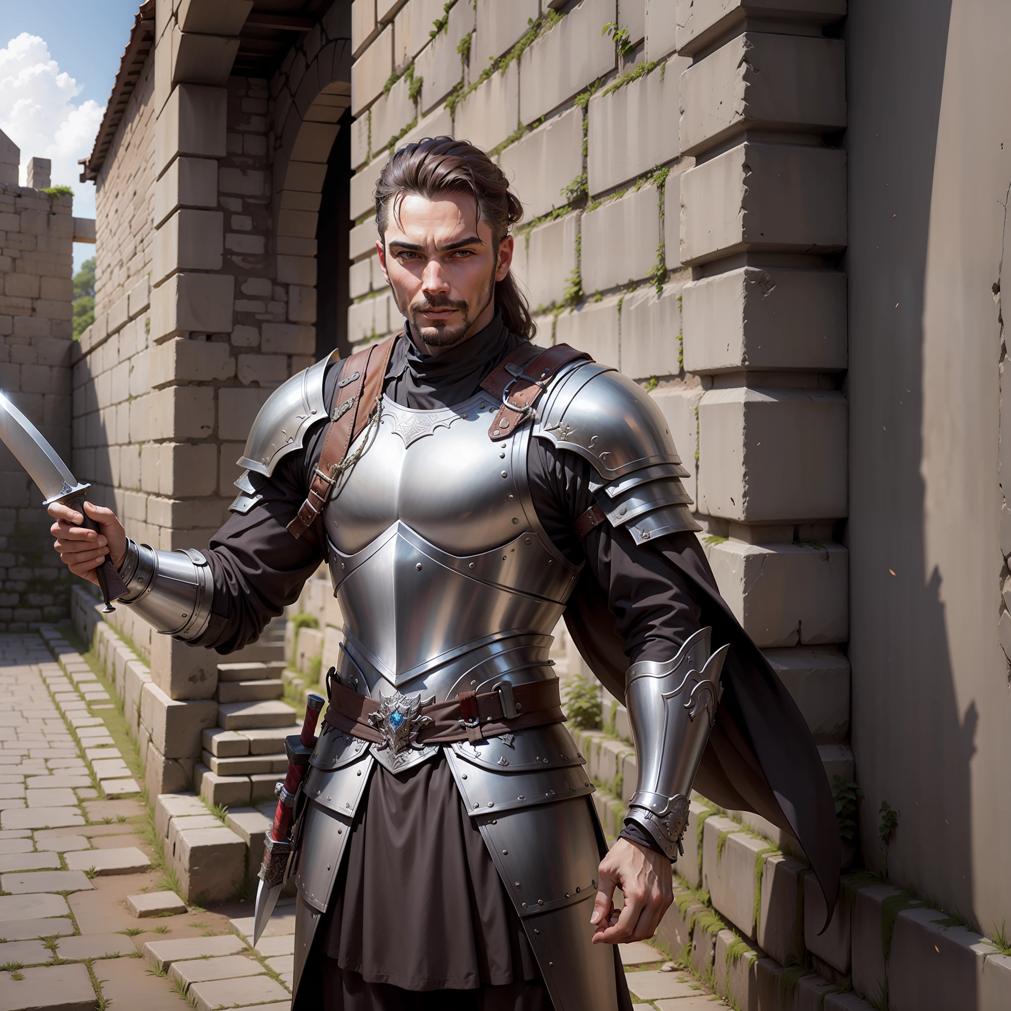 древние городские стены, мужчина, одетый в доспехи и держащий в руках длинный нож