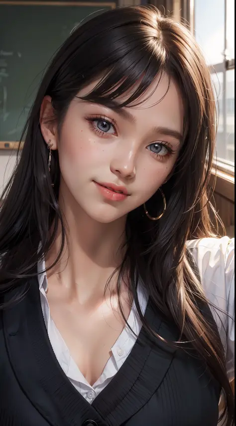 masterpiece, top quality, raw photo, photorealistic, big, face light, shiny skin, high resolution, super detail, detail, detailed eyes and face, sharp pupils, smile, sharp focus, shiny skin, schoolgirl, black hair, long hair, earrings, classroom, school un...