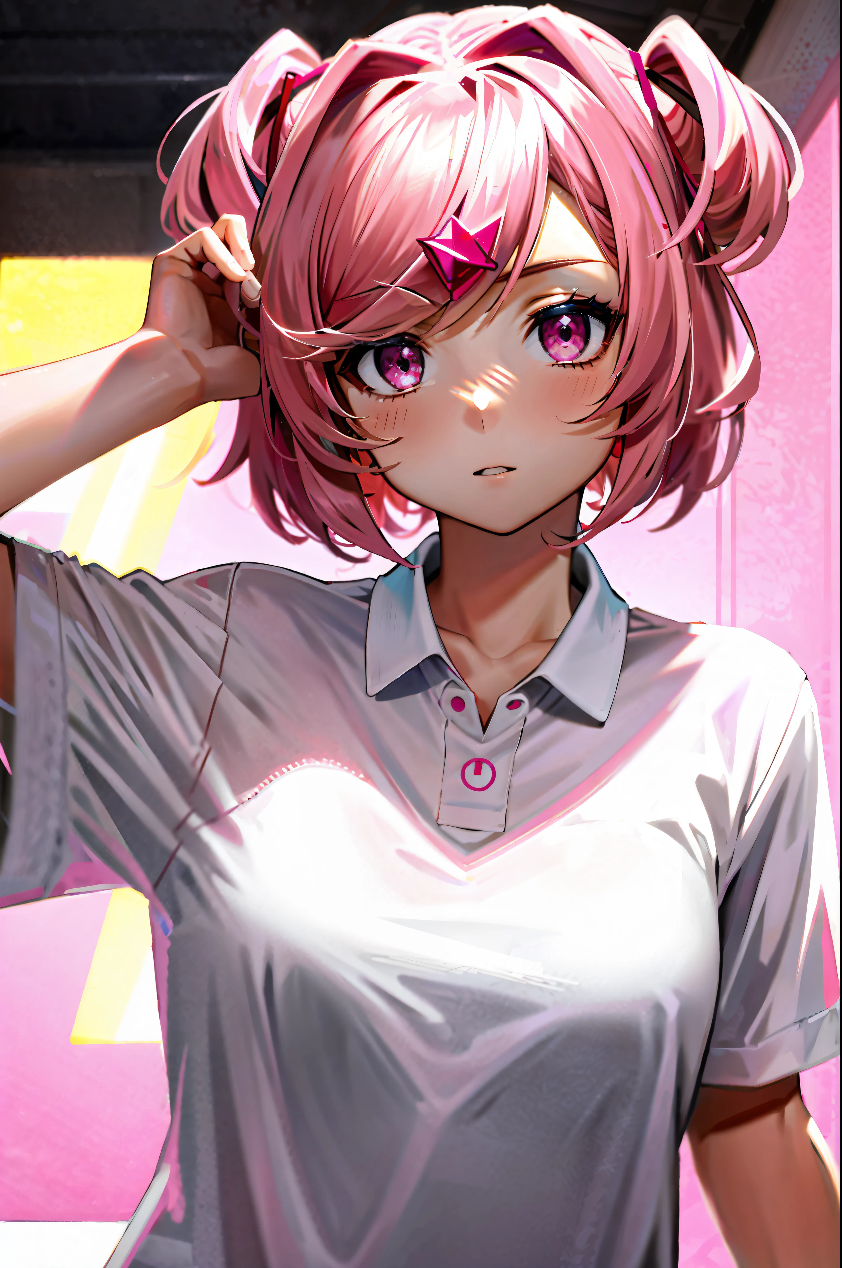 Natsuki, pink eyes, pink hair, two sides up, hair ornament, hair ribbon, white shirt polo collar, looking at the viewer, upper body, showing off t-shirt,