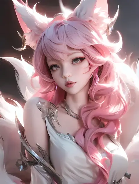 anime girl with pink hair and white dress with pink ears, portrait of ahri, beautiful anime catgirl, ahri, extremely detailed artgerm, very beautiful anime cat girl, very beautiful cute catgirl, pink fox, ! dream artgerm, digital anime art, ahri from leagu...