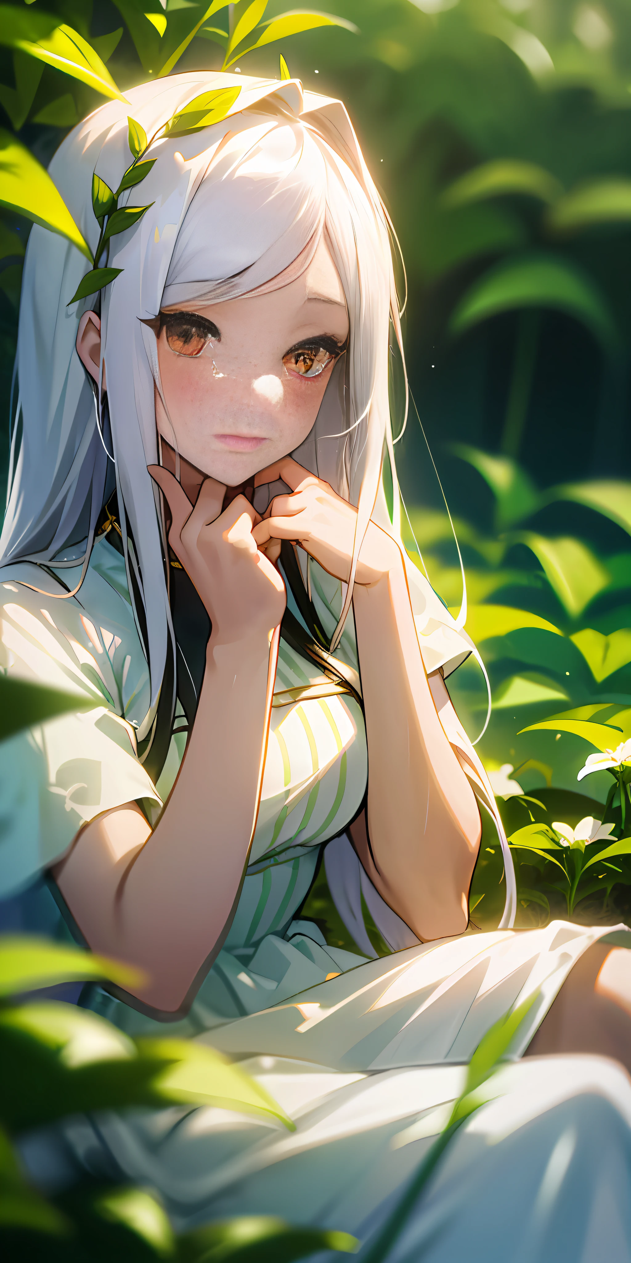 (تحفة, أفضل جودة),1فتاة ذات شعر أبيض طويل تجلس في حقل من النباتات والزهور الخضراء, يدها تحت ذقنها, الإضاءة الدافئة, فستان أبيض, المقدمة ضبابية