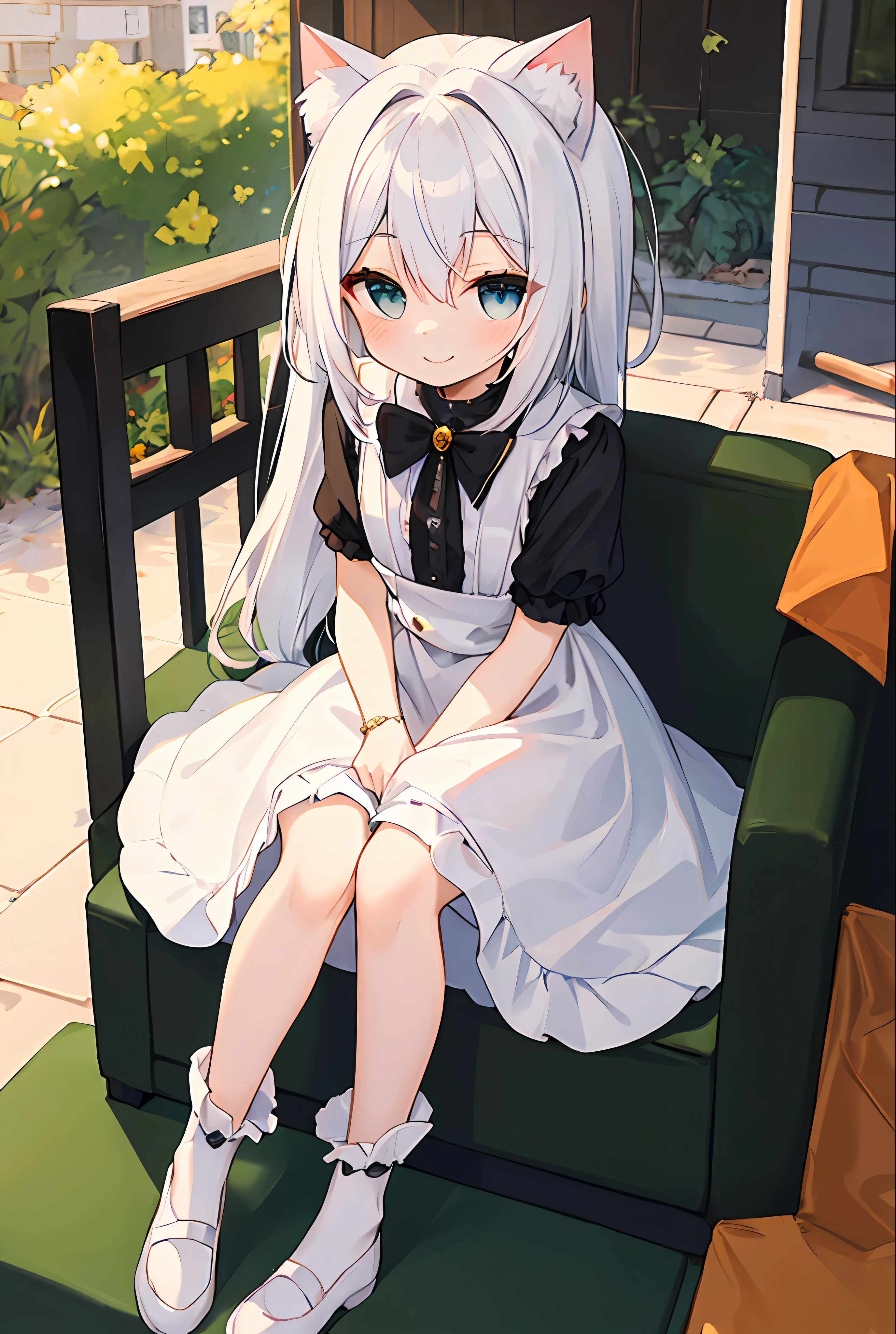 2D, masterpiece, best quality, cute girl, (cute:1.1), little girl, white dress, white hair, long hair, cat ears, smile, little girl