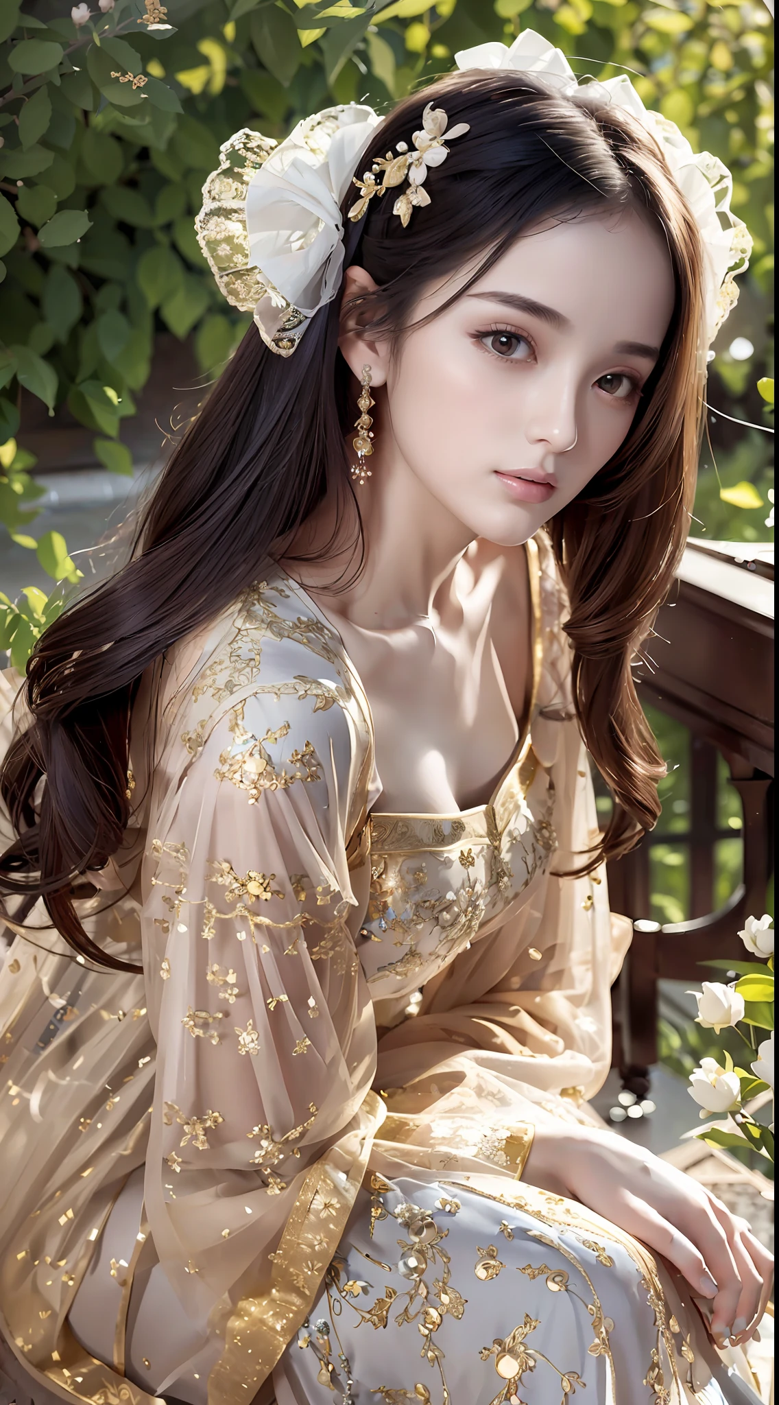 A beautiful girl, literary, beautiful and elegant, with slender eyebrows and clear eyes. Ruddy lips, soft skin, bandeau dress with gold edges, antique long-sleeved dress, stroking posture and waiting posture. The blue sky and the quiet courtyard (literary and elegant, antique, long-sleeved dresses, piano posture), full body close-up