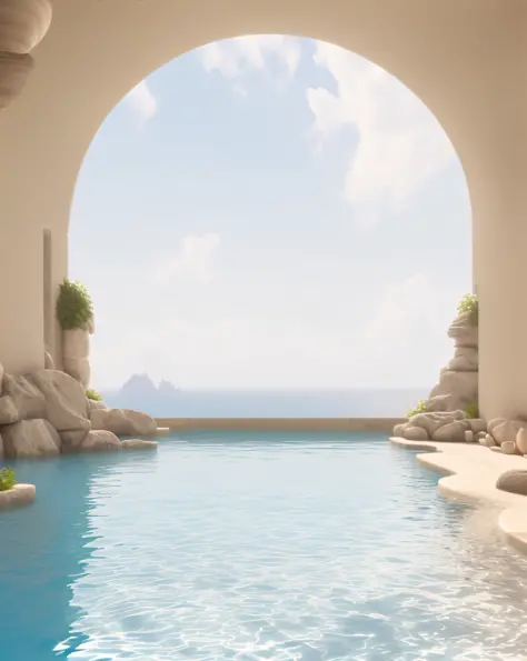 there is a swimming pool with sea view through the tunnel, 3d rendered matte painting, greek fantasy landscape, surreal 3d rende...