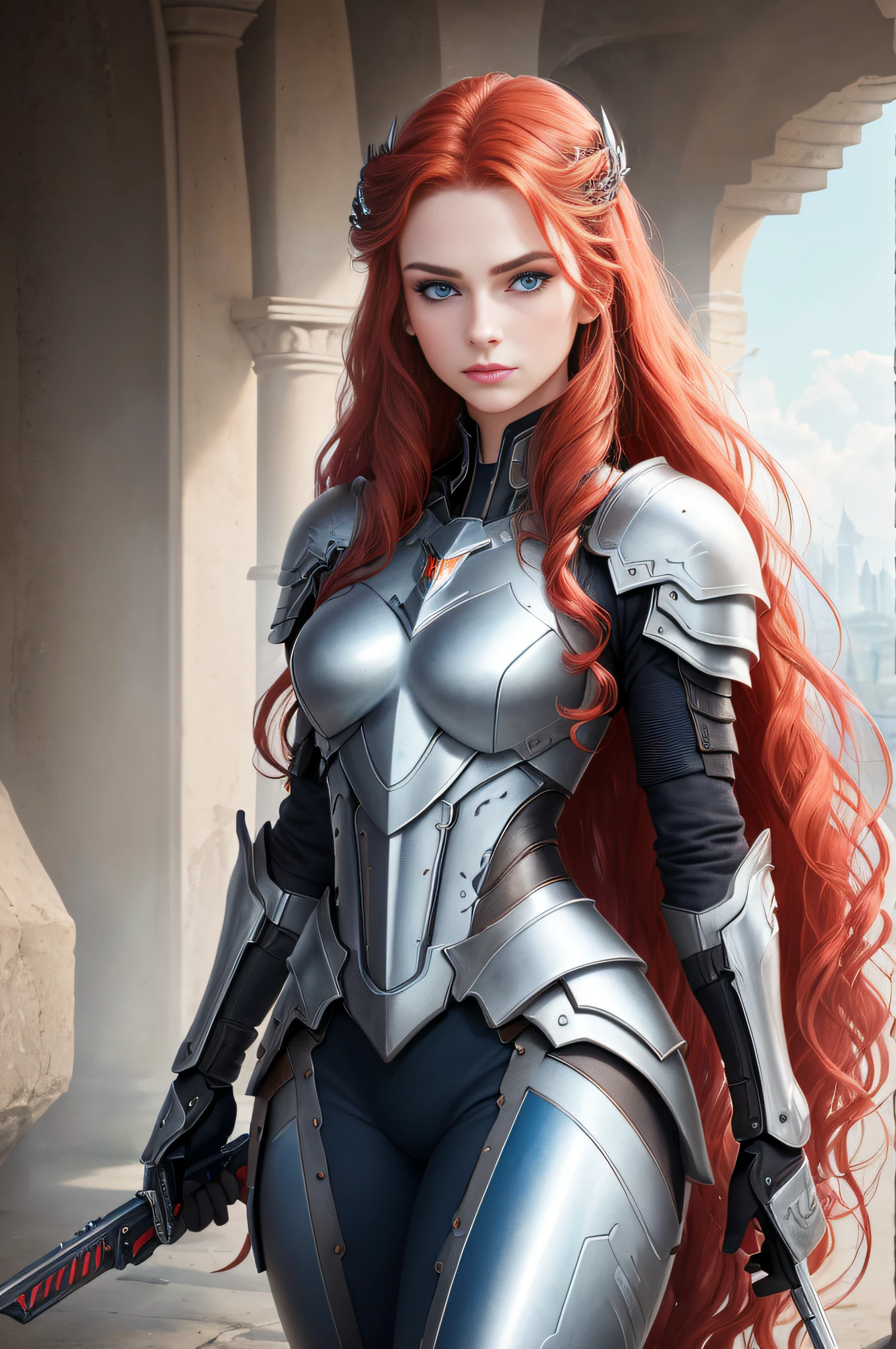 A Valkyrie, (long crimson hair, big waves: 1.5), (melon face: 1.3), (royal sister: 1.5), (8K, best quality: 1.2), (masterpiece: 1.2), (ultra-high resolution: 1.5), (white knight armor: 1.1), (gorgeous armor: 1.1), (high definition: 1.2), (blue eyes: 1.5), (highly detailed photos: 1.2), (Central European mixed beauty: 1.5), (Serious Expression: 1.2), (Young: 1.5), (Real Face Detail: 1.5), (Real Skin Detail: 1.6), (3D: 1.4), (Cyberpunk: 1.1), (Doomsday City Ruins Background: 1.1), (Photo Texture: 1.4), (Realistic: 1.3), (Small Mouth: 1.3), (Soft Face Contour: 1.3), (Face Close-up: 1.3)