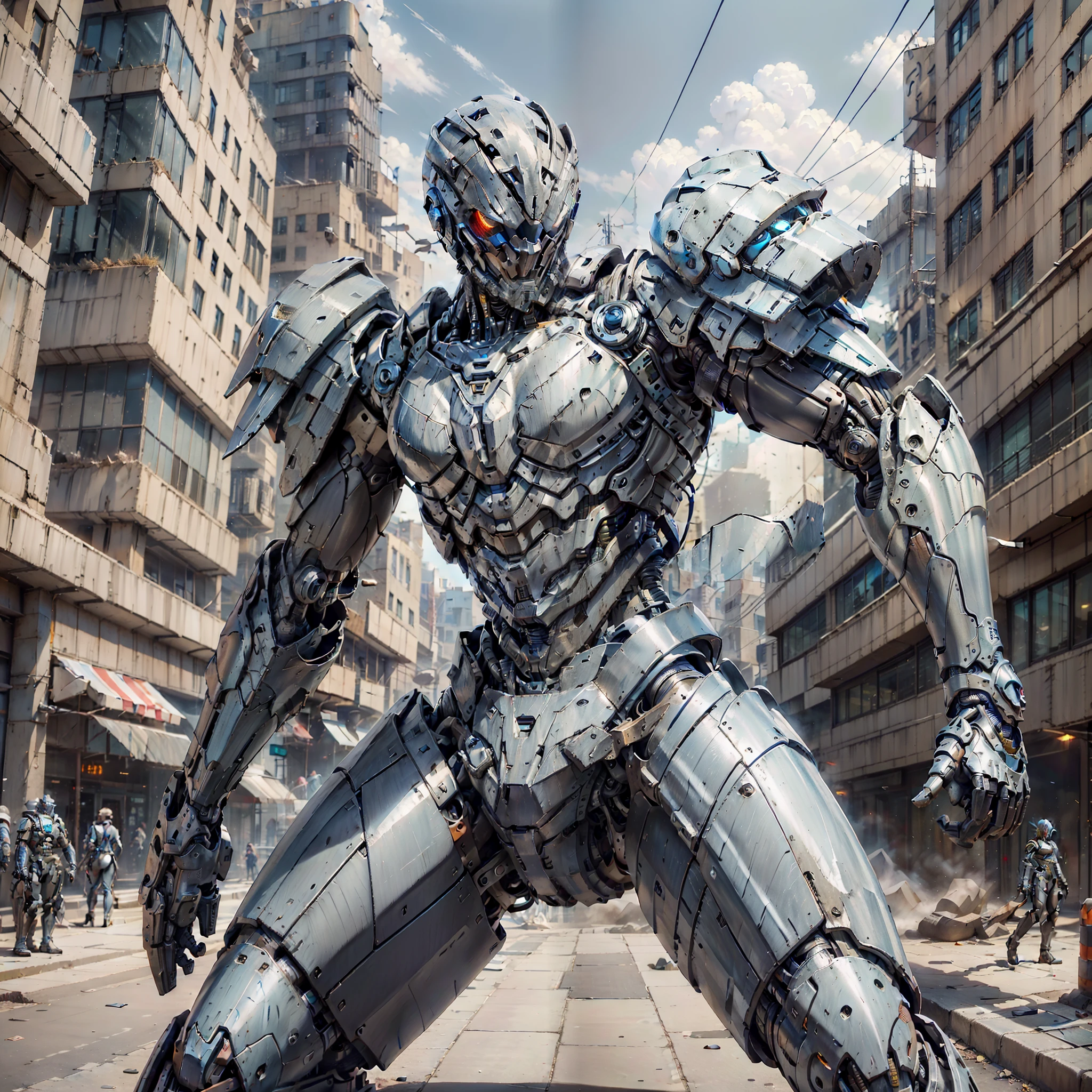 Wearing a shabby mech suit, intricate, (steel metal [rusty]), elegant and clear focus, (masterpiece, best image quality, super fine, Gig Lutovsky style), high quality rendered images, clever rendering angles, soft lighting, bright colors, (city street) theme, dynamic cowboy shooting, dynamic stance.