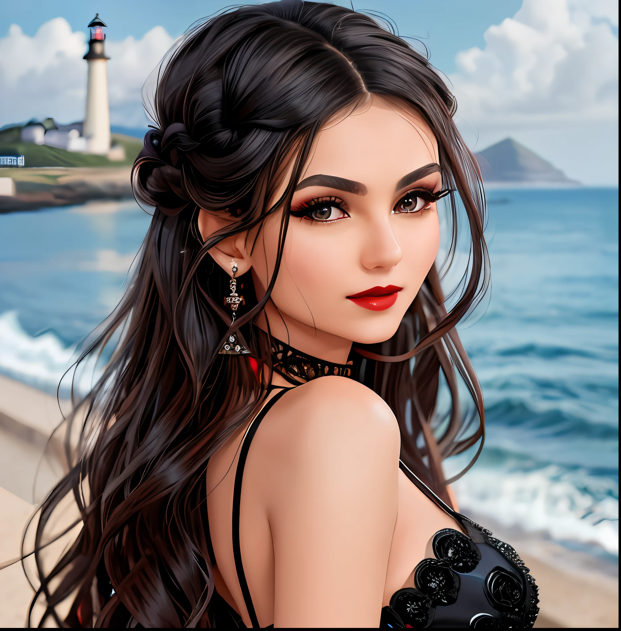 AS-MidAged, close-up photography, long hair, sparkling eyes, black hair, makeup, red lips, Brazil, Salvador BA o in the background of the afternoon lighthouse of Barra, elegant dress, jewelry, looking at the viewer, hyper realistic, {an extremely delicate and beautiful girl}, 8k wallpaper, {{{masterpiece}}}