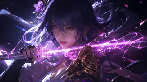 anime girl with sword and purple light in her hand, portrait knights of zodiac girl, extremely detailed artgerm, by Yang J, detailed digital anime art, artgerm detailed, astri lohne, cushart krenz key art feminine, ayaka genshin impact, black - haired mage...