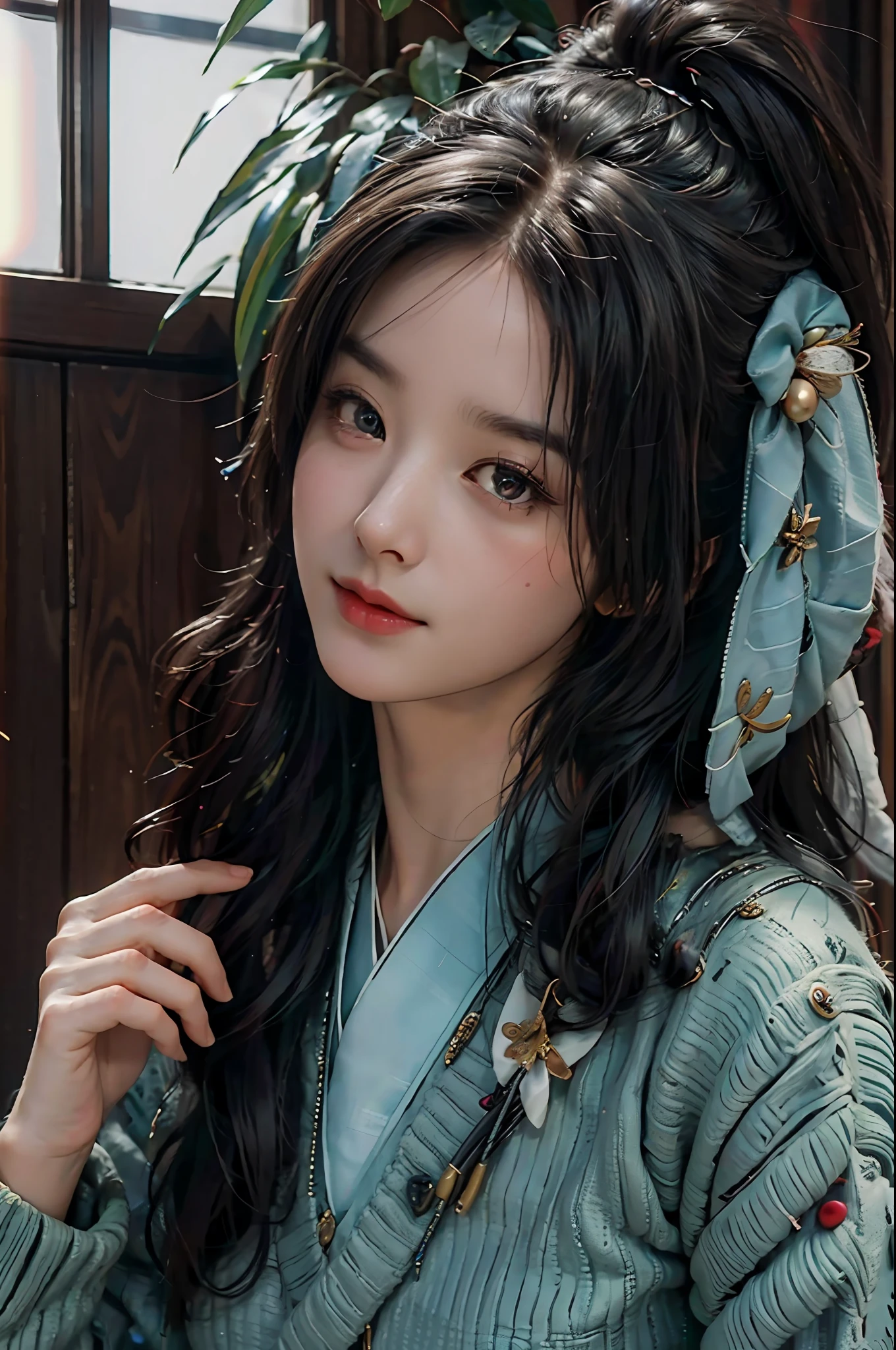 (RAW photo, best quality), (realistic, photo-realistic:1.3), best quality, highly detailed, masterpiece, ultra-detailed, illustration, 1girl, upper_body, dynamic angle, world mastery theater, messy_long_hair,best quality, extremely detailed CG unity 8k壁纸，，惊人，电影灯光，lens_flare，dunhuang_style