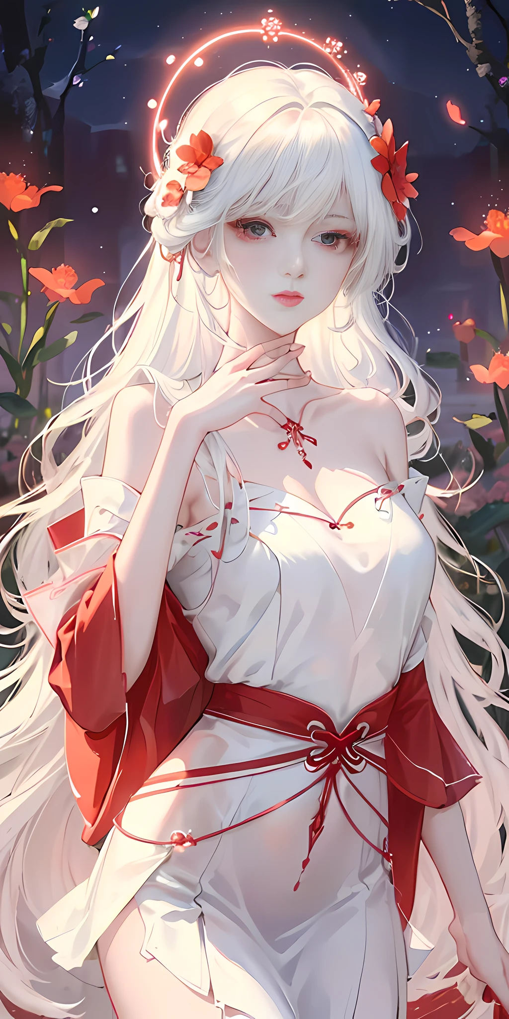 Menina anime com cabelo branco longo e vestido vermelho em um jardim, divindade de cabelos brancos, Guweiz on pixiv artstation, linda mulher de anime sedutora, arte digital detalhada de anime, Guweiz, Guweiz on artstation pixiv, ((uma linda imperatriz de fantasia)), artwork in the style of Guweiz, tendências no cgstation, Lindas obras de arte de anime