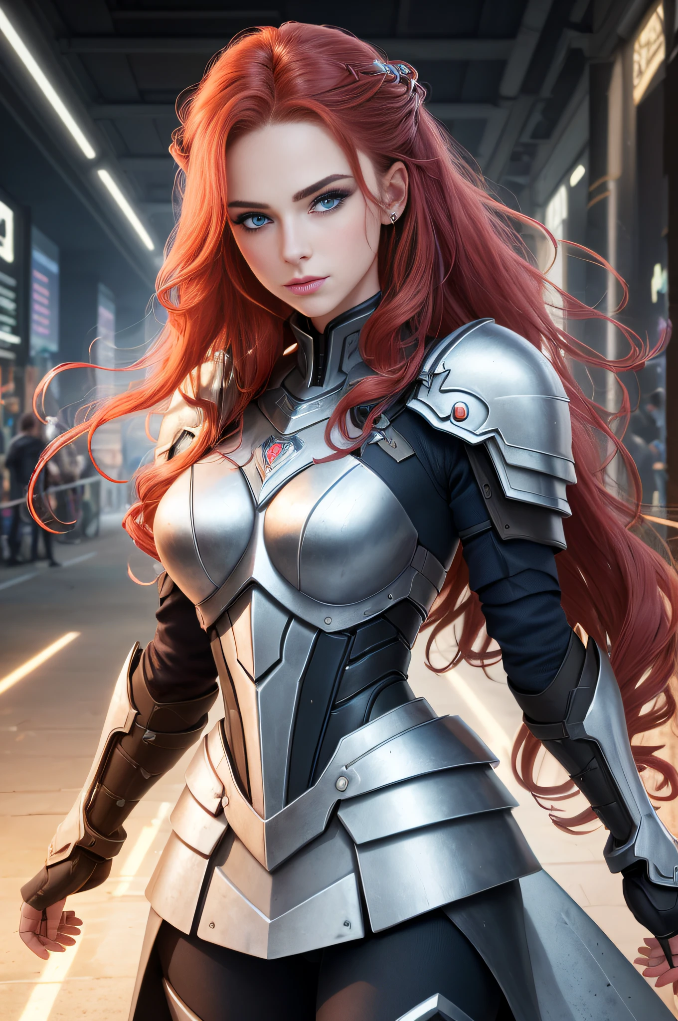 A Valkyrie, (long crimson hair, big waves: 1.5), (melon face: 1.3), (royal sister: 1.3), (8K, best image quality: 1.2), (masterpiece: 1.2), (ultra-high resolution: 1.5), (white knight armor: 1.1), (gorgeous armor: 1.1), (high definition: 1.2), (blue eyes: 1.5), (highly detailed photos: 1.2), (Central European mixed beauty: 1.3), (Serious Expression: 1.2), (Young: 1.5), (Real Face Detail: 1.5), (Real Skin Detail: 1.6), (3D: 1.4), (Cyberpunk: 1.1), (Doomsday City Ruins Background: 1.1), (Photo Texture: 1.4), (Realistic: 1.3), (Small Mouth: 1.5), (Soft Face Contour: 1.3), (Face Close-up: 1.3)