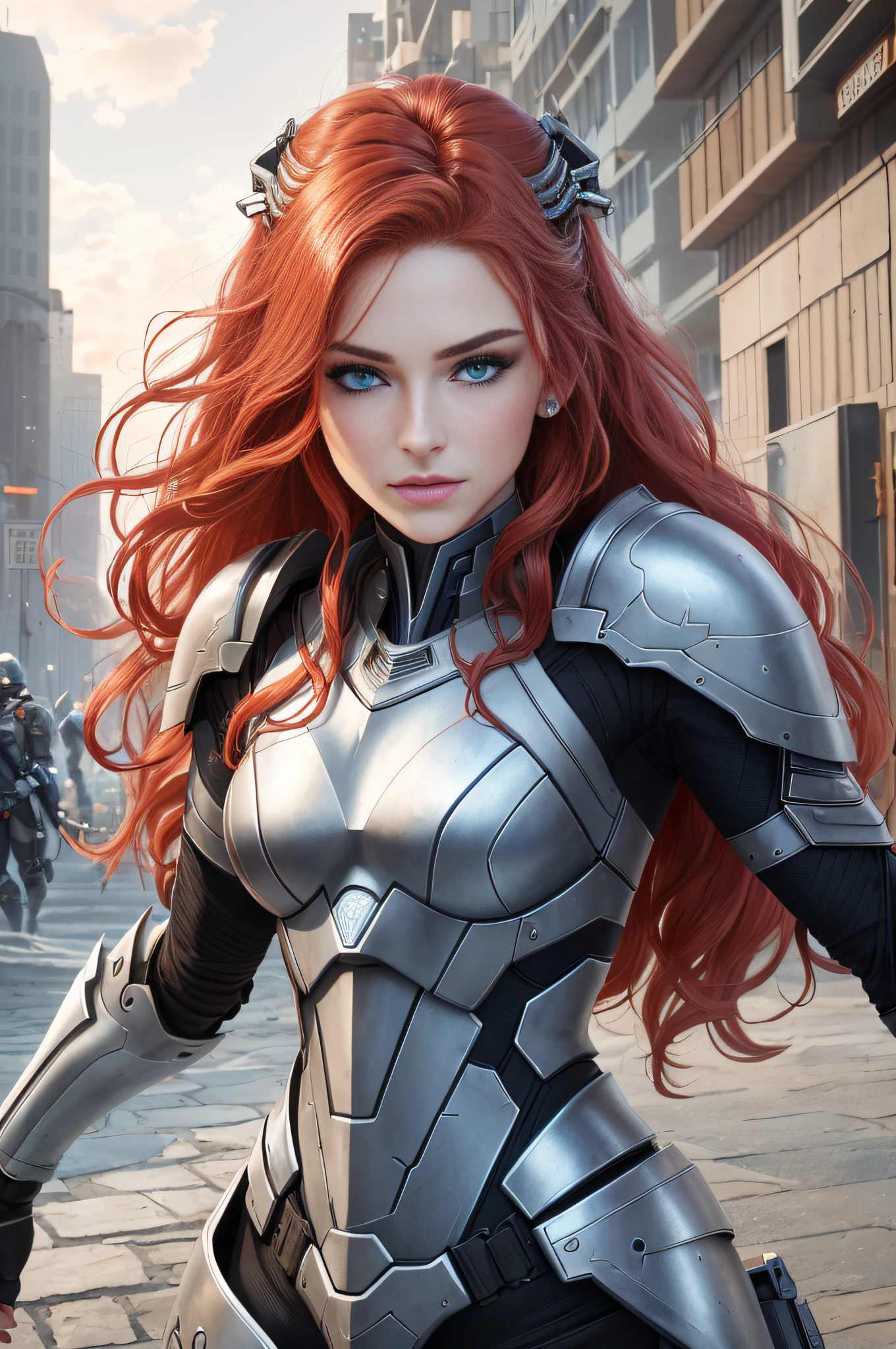 A Valkyrie, (long crimson hair, big waves: 1.5), (melon face: 1.3), (royal sister: 1.3), (8K, best image quality: 1.2), (masterpiece: 1.2), (ultra-high resolution: 1.5), (white knight armor: 1.1), (gorgeous armor: 1.1), (high definition: 1.2), (blue eyes: 1.5), (highly detailed photos: 1.2), (Central European mixed beauty: 1.3), (Serious Expression: 1.2), (Young: 1.5), (Real Face Detail: 1.5), (Real Skin Detail: 1.6), (3D: 1.4), (Cyberpunk: 1.1), (Doomsday City Ruins Background: 1.1), (Photo Texture: 1.4), (Realistic: 1.3), (Small Mouth: 1.5), (Soft Face Contour: 1.3), (Face Close-up: 1.3)