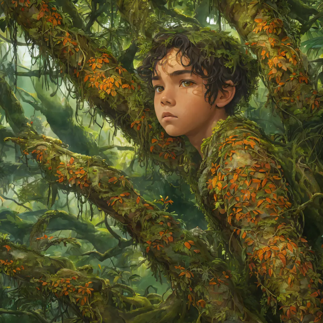 a oil painting in which boy with large orange eye sit on a tree in jungle realistic ,8k, and intricate,high detail,dramatic --au...