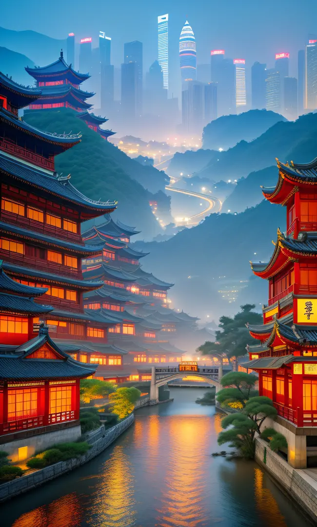 asian architecture in a city at night with a river running through it, dreamy chinese town, ancient chinese architecture, cyberpunk chinese ancient castle, chinese architecture, beautiful render of tang dynasty, chinese village, beautiful cityscape, by Art...