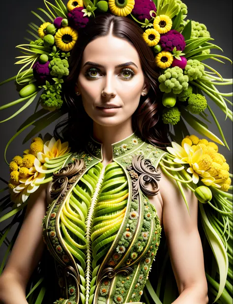 a woman in a dress made of vegetables , cinematic, insane details, intricate details, hyperdetailed, bright face