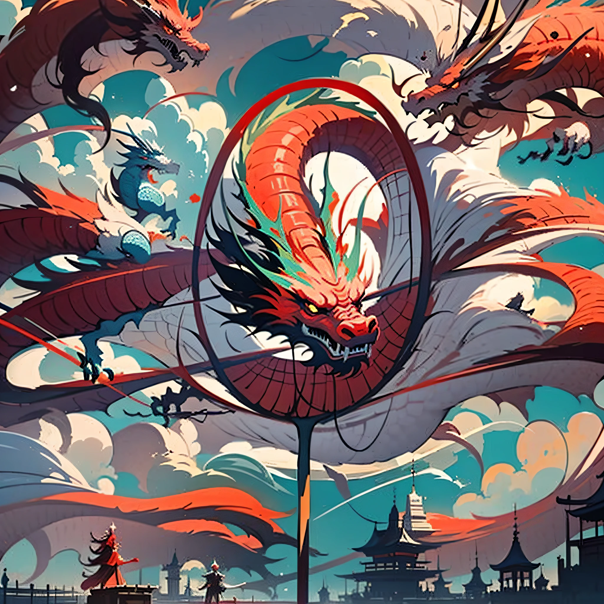 There is a red oriental dragon on the net, surrounded by deserts, full of swords,