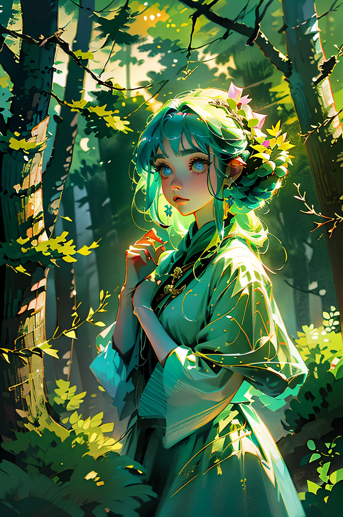 In a Ghibli-esque fantasy forest, a single girl with colored inner hair and crescent earrings stands as the centerpiece of this masterpiece. With high details and super detail for the ultimate in visual quality, this award-winning prompt is designed for 16k output.