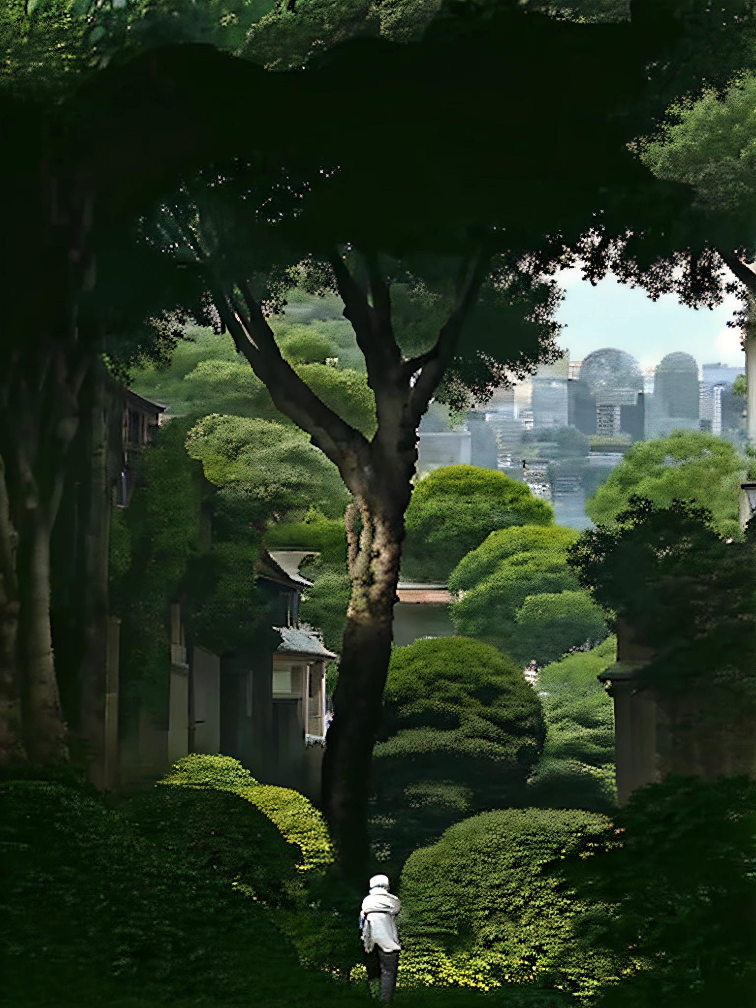 The expansive city square, lined with verdant trees and plants, a man carrying a suitcase, giant trees standing in the street, parks and woods in the distance blending in with the surrounding buildings, overlooking the panoramic view of the city.