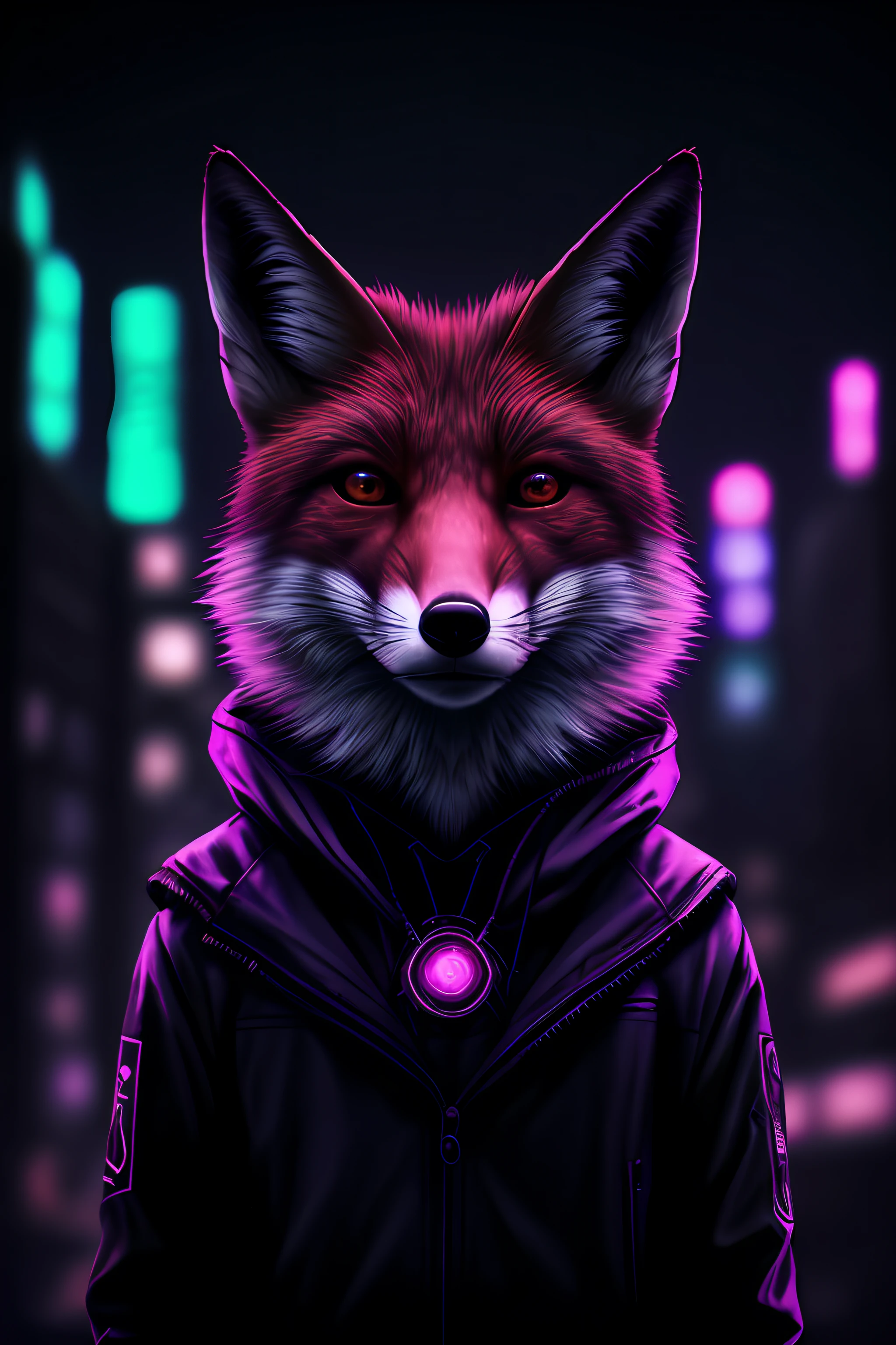 hyperrealistic, portrait of fox, animal, cyberpunk city, cold color, night, cinematic light, purple neon light, bokeh, rim light