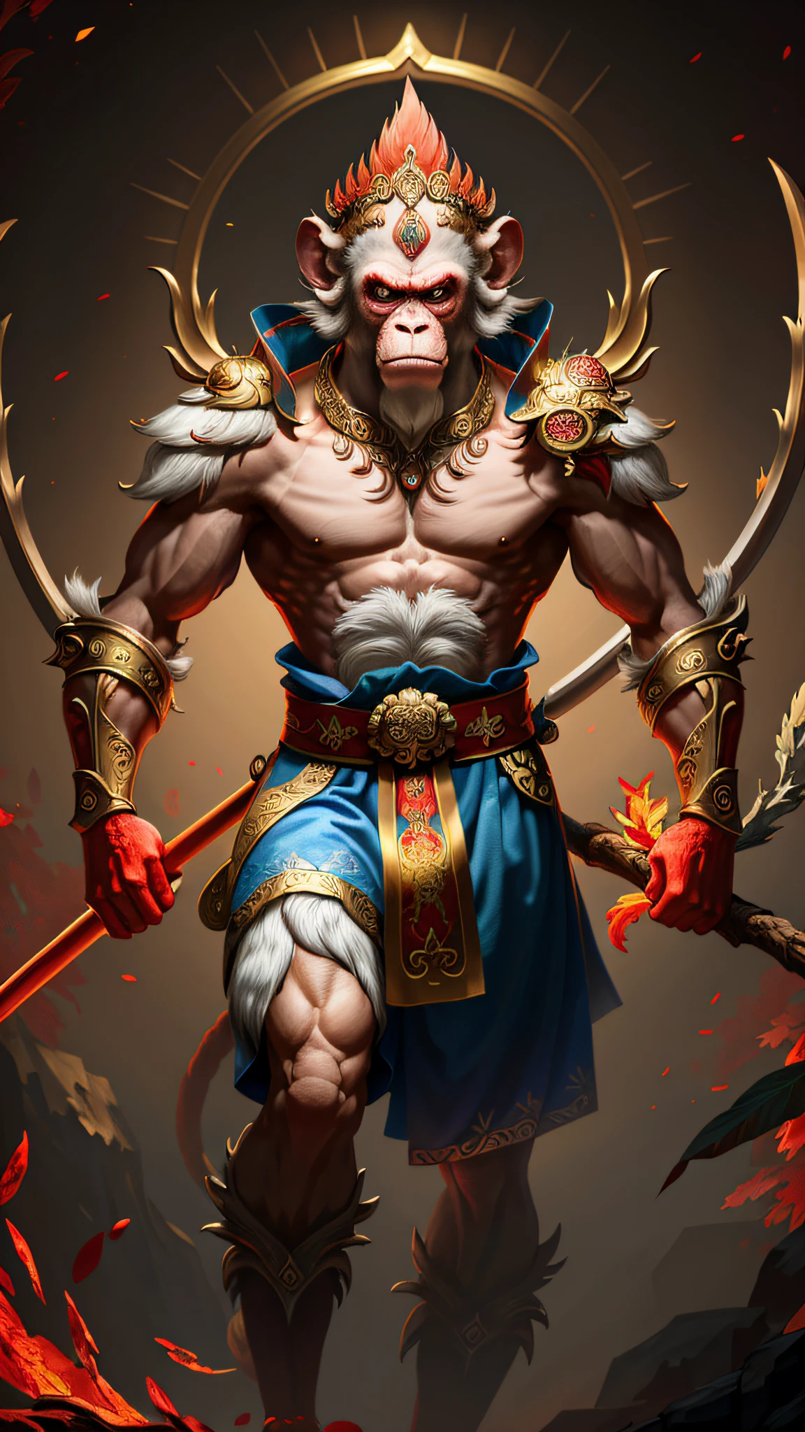 ((Masterpiece)), highest quality, high detail, super high resolution, 8k wallpaper, holding stick, Monkey King glowing red.