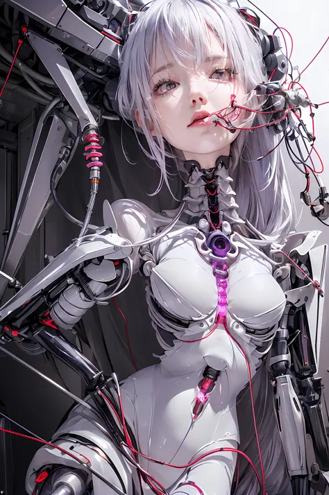 (((Masterpiece)))), (((highest quality)))), ((Ultra Definition)), (Very Detailed Photoreality), (((Very Delicate and Beautiful)), (Delicate and Pretty Face), Cinematic Light, (((1 Machine Girl)), Solo, Full Body, Big, Cleavage Is Visible Skin, White Hair, ...