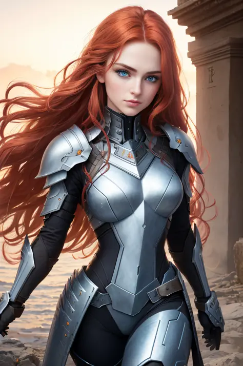 a valkyrie, (long crimson hair, big waves: 1.5), (melon face: 1.3), (royal sister: 1.3), (8k, best image quality: 1.2), (masterp...