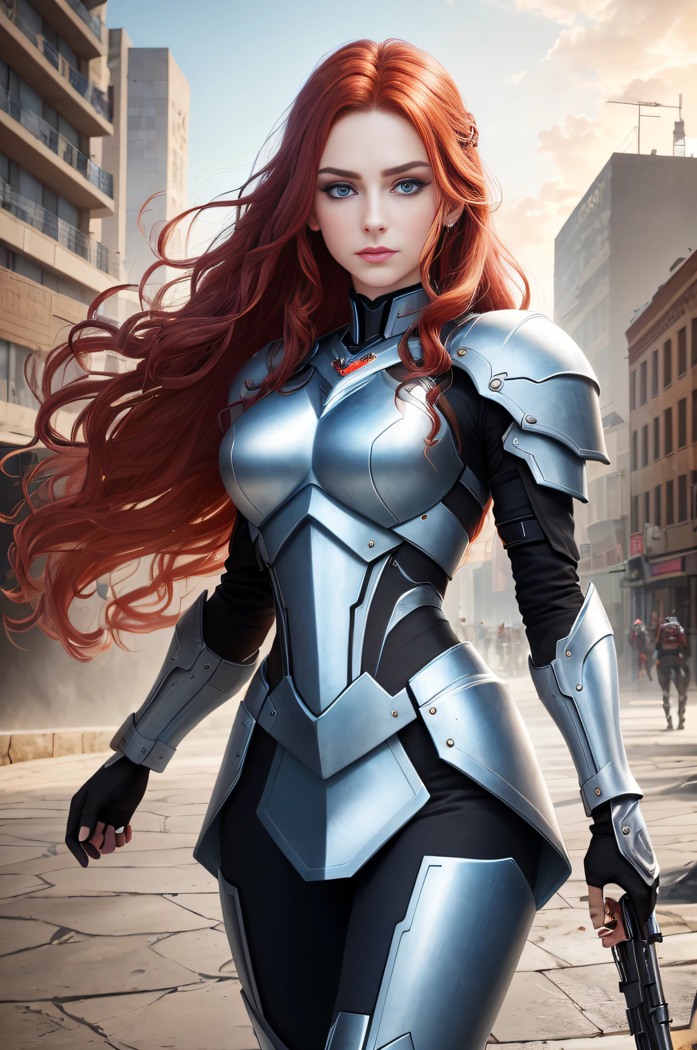 A Valkyrie, (long crimson hair, big waves: 1.5), (melon face: 1.3), (royal sister: 1.3), (8K, best image quality: 1.2), (masterpiece: 1.2), (ultra-high resolution: 1.5), (white knight armor: 1.1), (gorgeous armor: 1.1), (high definition: 1.2), (blue eyes: 1.5), (highly detailed photos: 1.2), (Central European mixed beauty: 1.3), (Serious expression: 1.2), (Young: 1.5), (Real face detail: 1.5), (Real skin detail: 1.6), (3D: 1.4), (Cyberpunk: 1.1), (Doomsday city ruins background: 1.1), (Photo texture: 1.4), (Realistic: 1.3), (Small mouth: 1.5), (Soft face contour: 1.3), (Face close-up: 1.3) Side depiction, side face