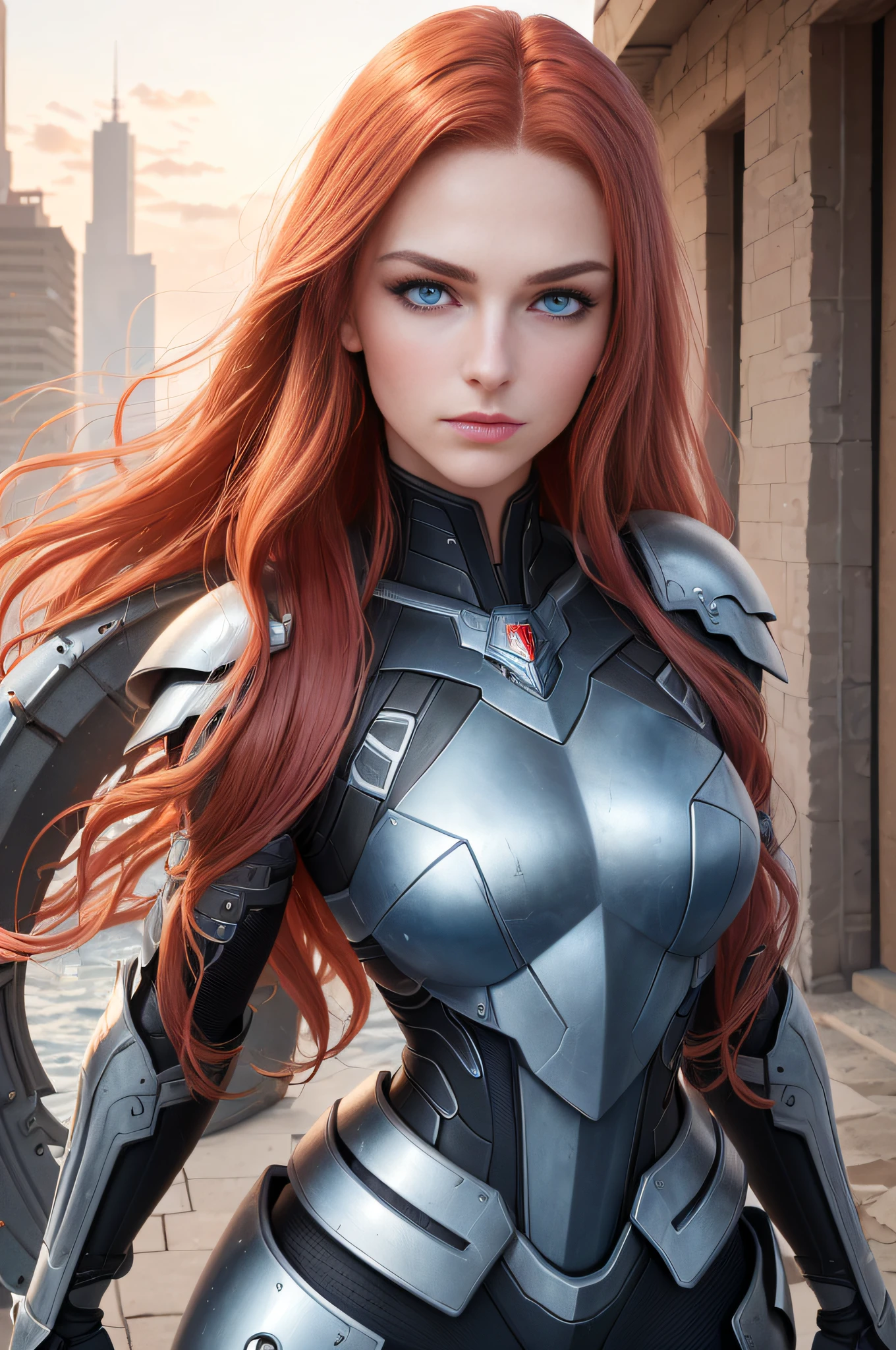 A Valkyrie, (long crimson hair, big waves: 1.5), (melon face: 1.3), (royal sister: 1.3), (8K, best image quality: 1.2), (masterpiece: 1.2), (ultra-high resolution: 1.5), (white knight armor: 1.1), (gorgeous armor: 1.1), (high definition: 1.2), (blue eyes: 1.5), (highly detailed photos: 1.2), (Central European mixed beauty: 1.3), (Serious expression: 1.2), (Young: 1.5), (Real face detail: 1.5), (Real skin detail: 1.6), (3D: 1.4), (Cyberpunk: 1.1), (Doomsday city ruins background: 1.1), (Photo texture: 1.4), (Realistic: 1.3), (Small mouth: 1.5), (Soft face contour: 1.3), (Face close-up: 1.3) Side depiction, side face