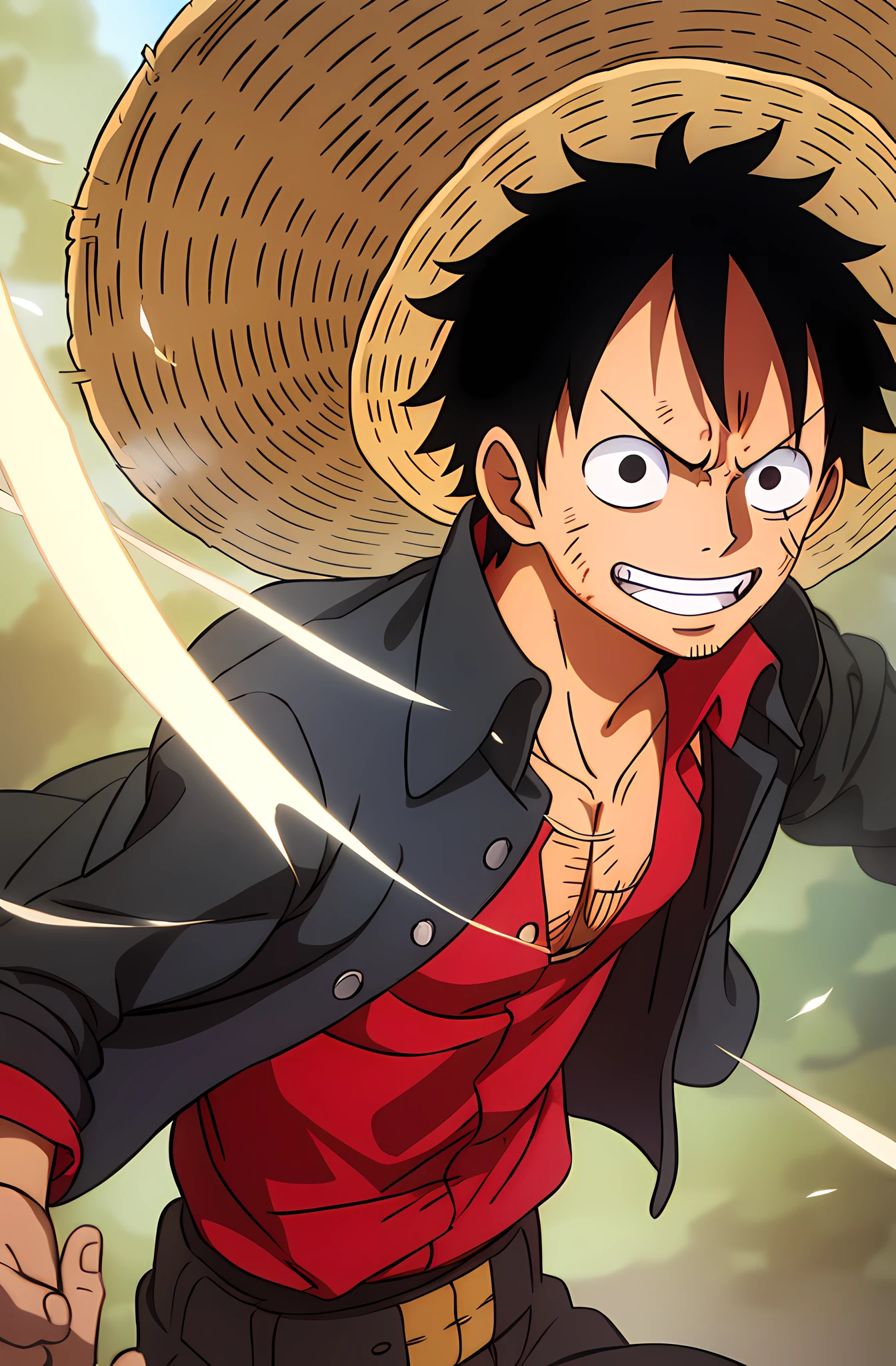 1boy, wanostyle, monkey d luffy, smiling, straw hat, looking at viewer, solo, upper body, ((masterpiece)), (best quality), (extremely detailed), depth of field, sketch, dark intensive shadows, sharp focus quality, soft lighting, HDR, colorful, good composition, fire all around, spectacular, mecha jacket, anime screenshots, scars under the eyes, ready to fight, black eyes, angry expression
