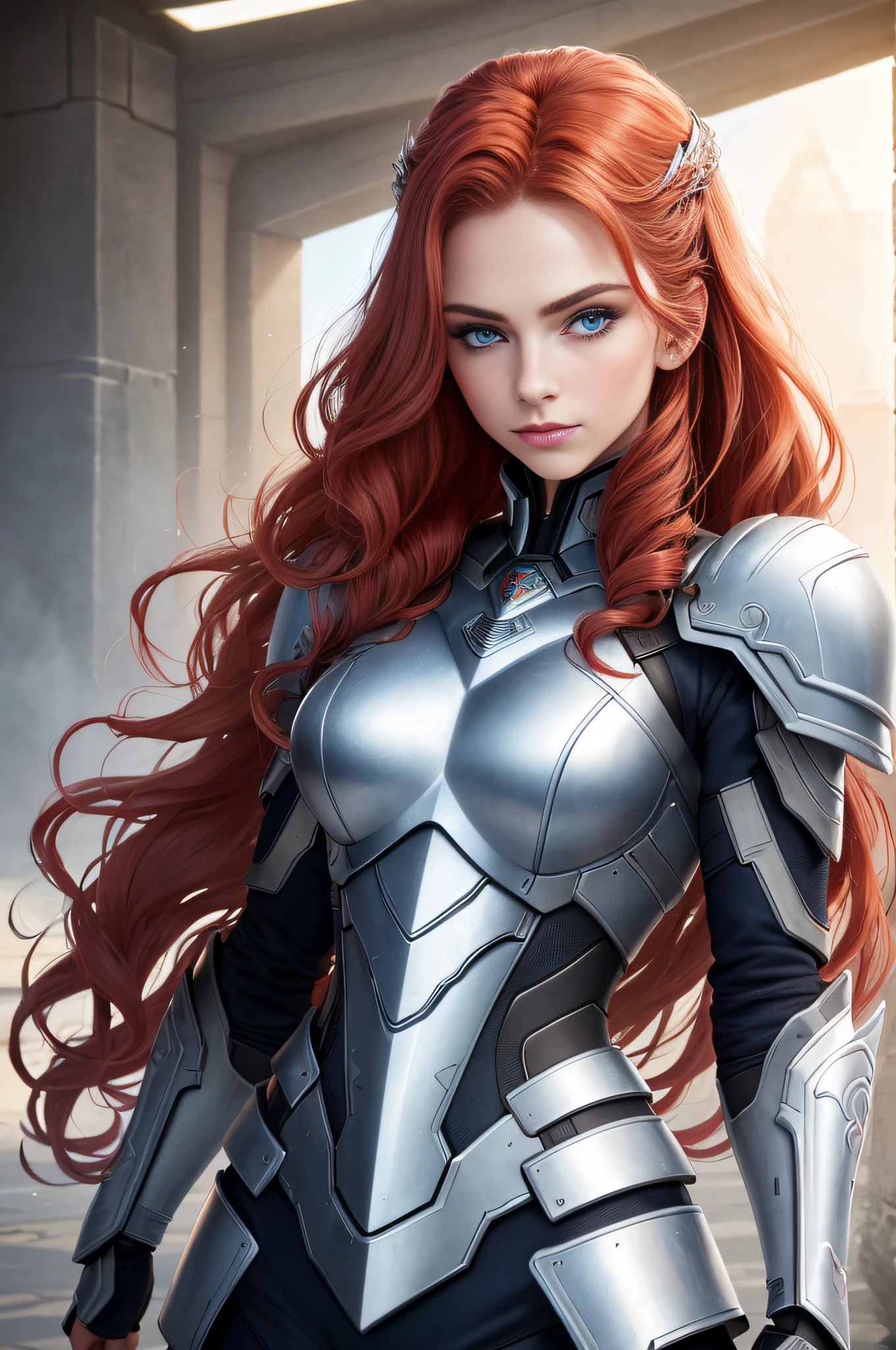 A Valkyrie, (long crimson hair, big waves: 1.5), (melon face: 1.3), (royal sister: 1.3), (8K, best image quality: 1.2), (masterpiece: 1.2), (ultra-high resolution: 1.5), (white knight armor: 1.1), (gorgeous armor: 1.1), (high definition: 1.2), (blue eyes: 1.5), (highly detailed photos: 1.2), (Central European mixed beauty: 1.3), (Serious expression: 1.2), (Young: 1.5), (Real face detail: 1.5), (Real skin detail: 1.6), (3D: 1.4), (Cyberpunk: 1.1), (Doomsday city ruins background: 1.1), (Photo texture: 1.4), (Realistic: 1.3), (Small mouth: 1.5), (Soft face contour: 1.3), (Face close-up: 1.3) Side depiction, side face