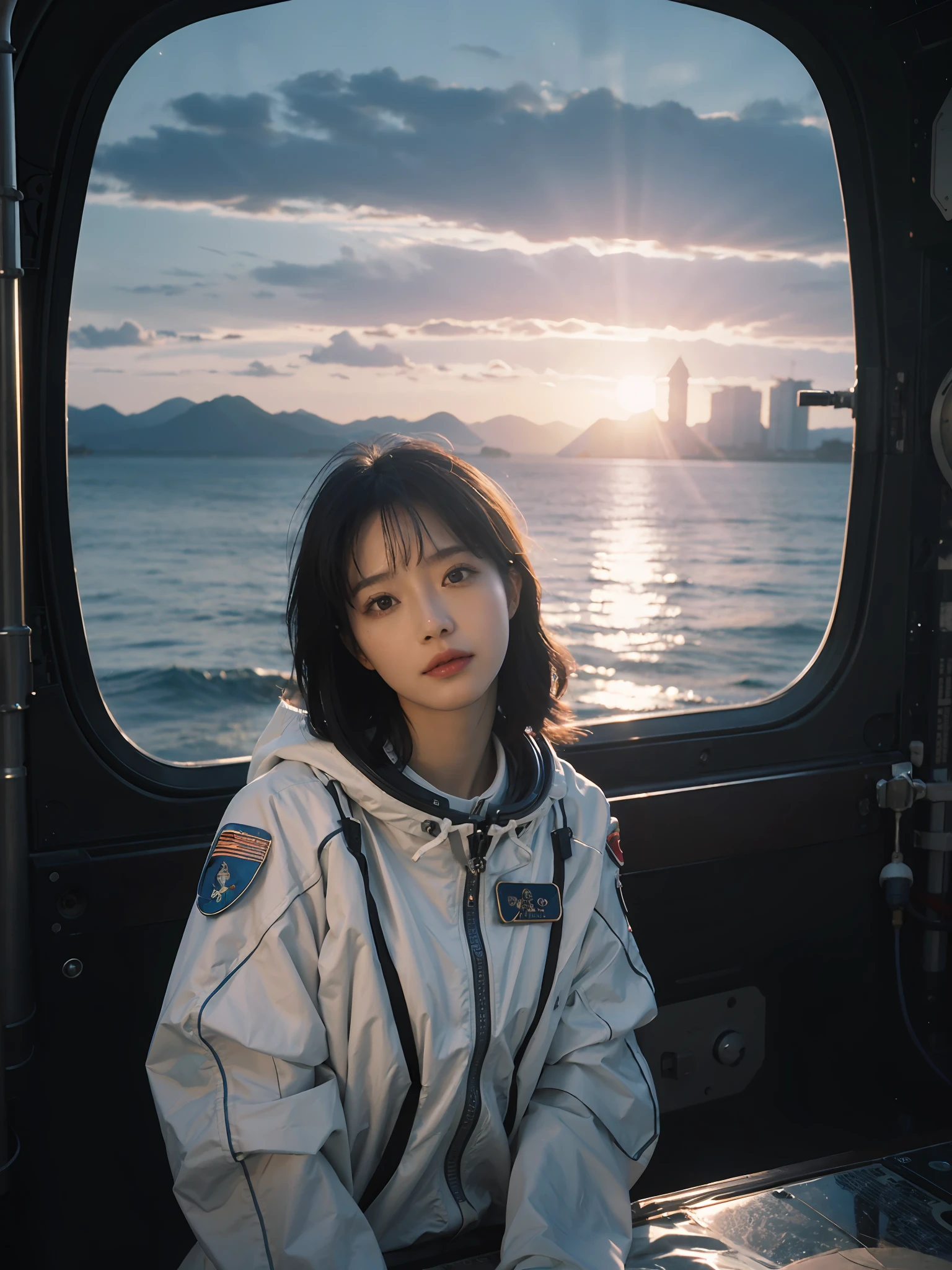 best quality,masterpiece,1girl of a Imaginative Macanese Female Page,Crude hair, at Sunrise, wearing spacesuit, in space station,Cel shaded, anaglyph effect, ultra high res,Extremely Detailed Official Unity 8K Wallpapers,ultra high res,ultra high quality,The background is the sea,