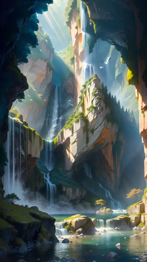((best quality)), ((masterpiece)),(realistic), (detailed)(Wide-angle view), (serene),(tranquil), open cave , (sparkling, crystal-clear) water falling from a (tall, jagged) waterfall, Natural, Scenic, Refreshing, Calming, Mystical, Magical, (harmonious, ear...