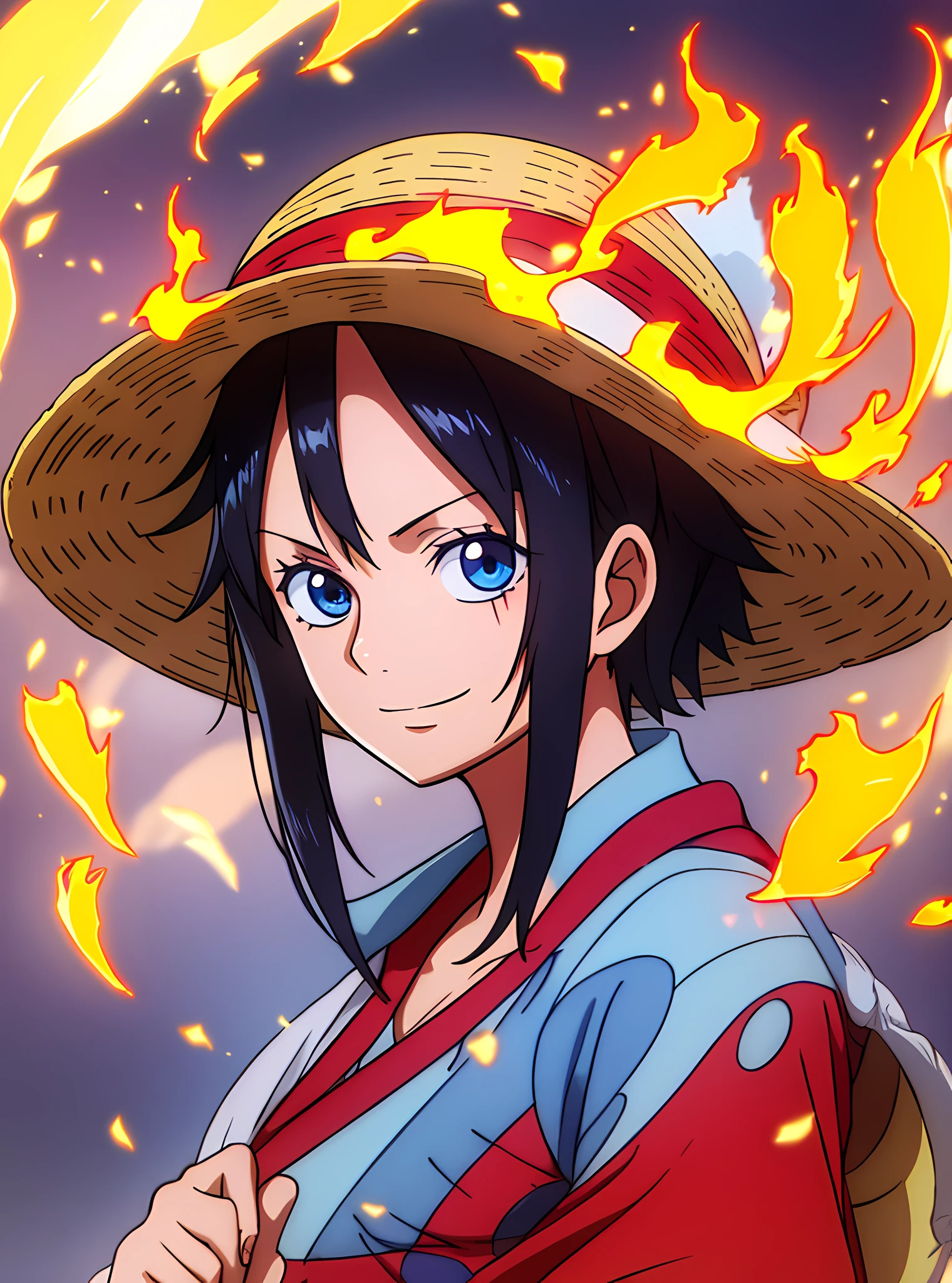 1girl, wanostyle, monkey d luffy, smiling, straw hat, looking at viewer, solo, upper body, ((masterpiece)), (best quality), (extremely detailed), depth of field, sketch, dark intensive shadows, sharp focus quality, soft lighting, HDR, colorful, good composition, fire all around, spectacular, closed shirt, anime screenshot, scar under the eyes, ready to fight, blue eyes