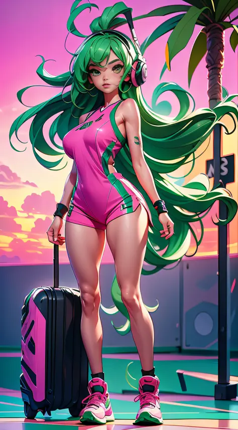 1 girl, green hair, long hair, big headphone, basket ball suit, miami beach, sunset, pink sky, very cloudy, full body shot, very detail, high quality.