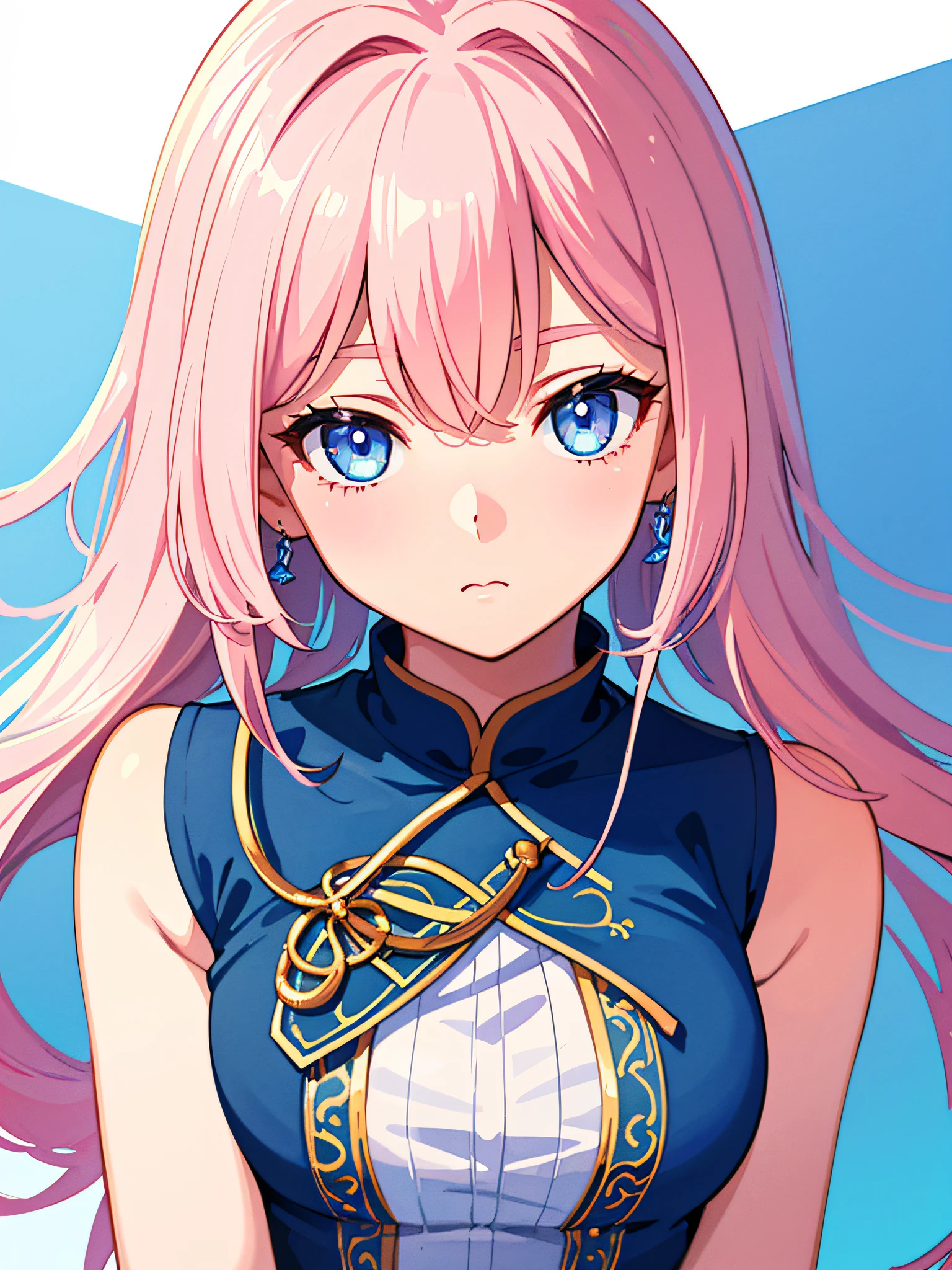 Anime girl with pink hair and blue eyes in a blue dress - SeaArt AI