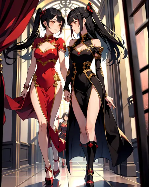 absurd res, high res, (masterpiece:1.4), ultra-detailed, 1girl, from front, corridor, slit leg dress, red Chinese dress, red dre...