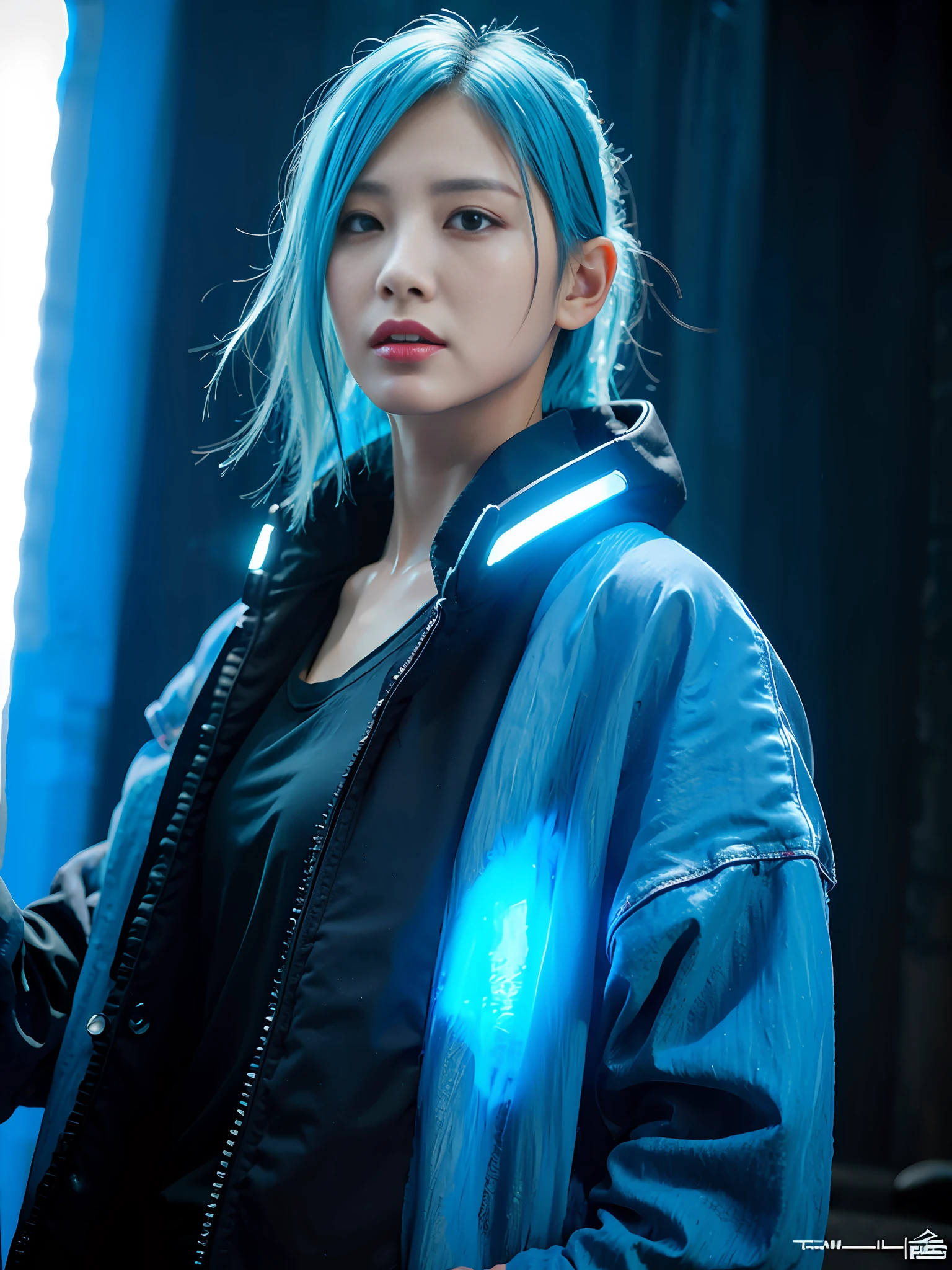 1girl, lady with cybernetic parts, glowing visor, short light blue hair, techwear, oversized black jacket, skyscraper outdoors, neon rim light, night, rain, volumetric lighting, best quality, masterpiece, realistic