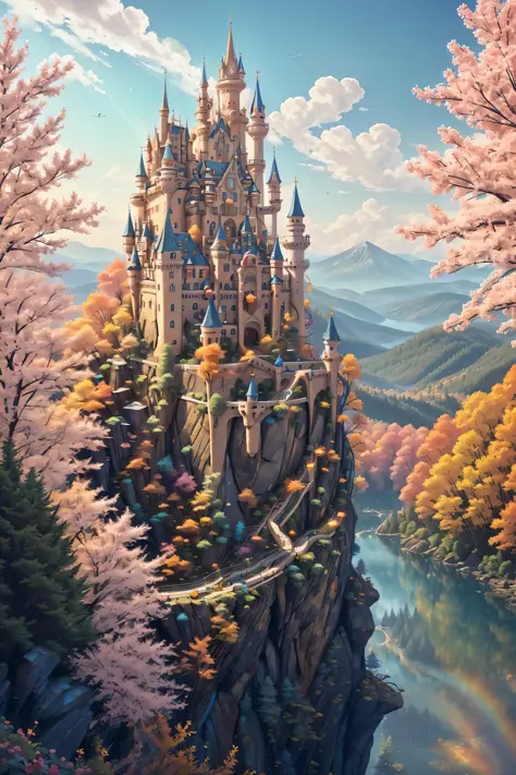 colorful, A forbidden castle high up in the mountains, pixel art, (intricate details:1.12), hdr, (intricate details, hyperdetail...