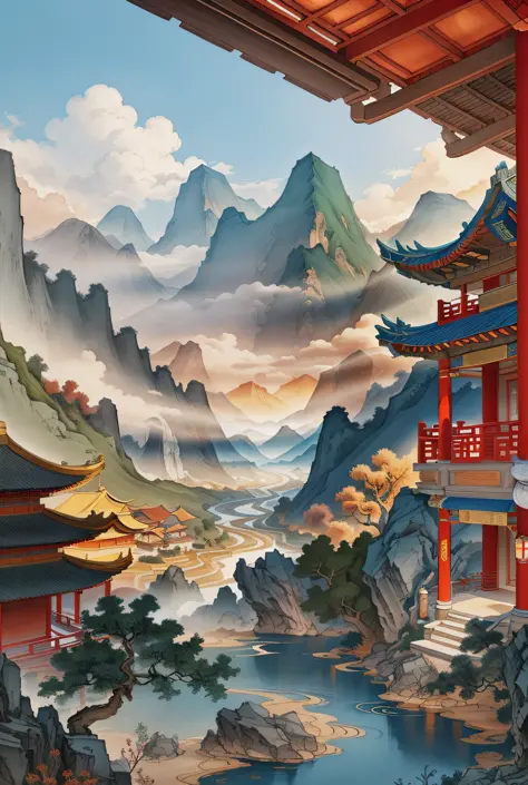 Ancient Chinese landscapes, ancient buildings, pavilions, carved beams and painted buildings, beautiful mountains and rivers, inspired by Jin Yong martial arts, sunlight, ink painting style, clean colors, decisive cutting, blank space, freehand, masterpiec...
