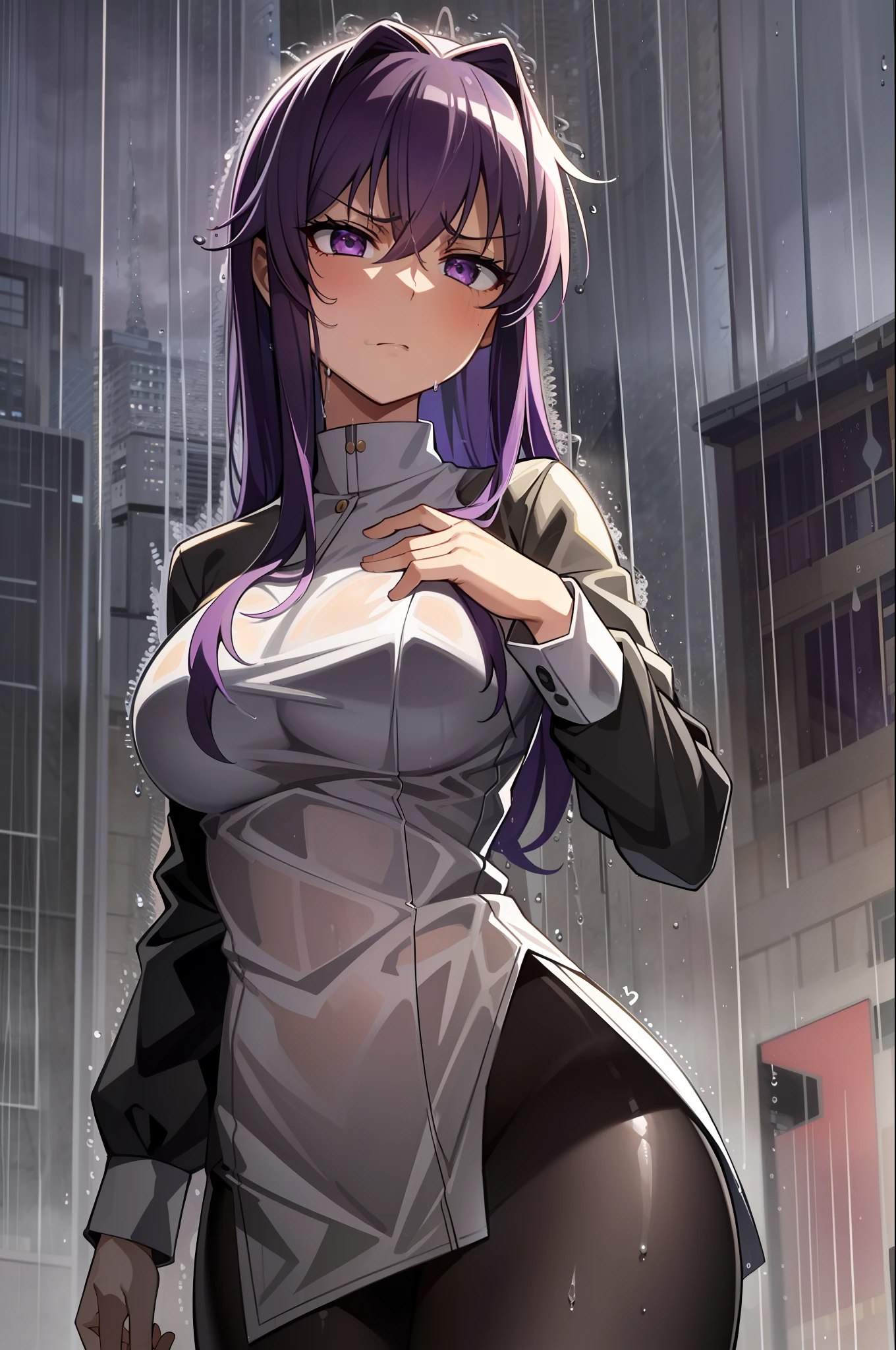 masterpiece,high quality,best quality,4k,super detailed,4k,focus sharp, 1girl, nagant(mha),purple hair,purple eyes,standing,(from below),(wet),wet body,wet clothing,upper body,top of building, (black clouds), night,(raining:1.5),serious face,angry expression,